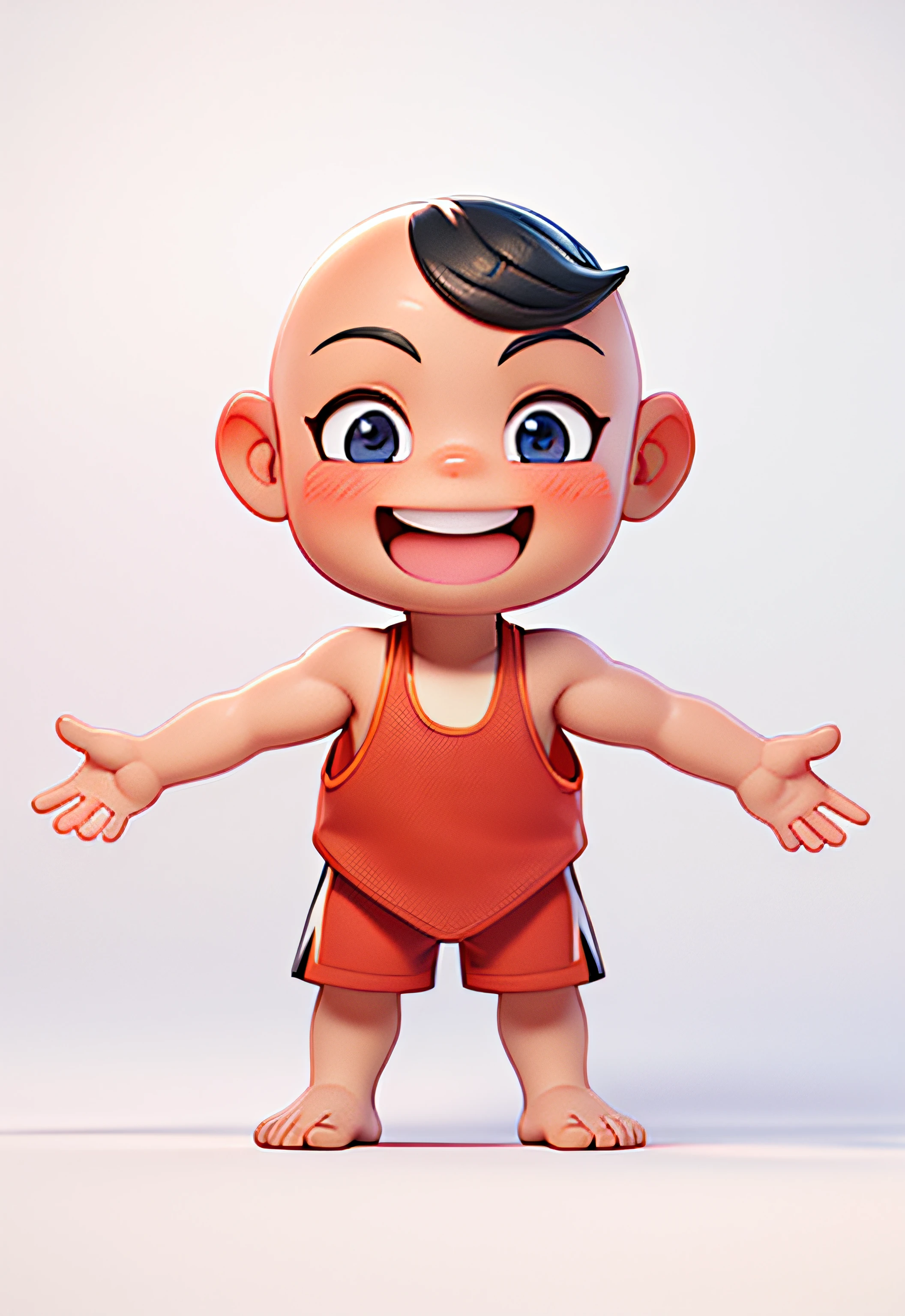 (Masterpiece: 1.3), (Best Quality: 1.3), (Masterpiece: 1.3), (Best Quality: 1.3), (8K: 1.5), (Ultra High Resolution), Full Body, (Bicephal: 2), (Natural Skin Texture), (Beautiful and Beautiful), (Very Detailed CG, Intricate Details), White Background, (White Background: 1.5), .pixar, 3D, C4D, blender, 1 Boy, cute, happy face, Bald head, Black hair, Solo, ( Chinese style: 1.5), sleeveless, red shorts, red single vest, barefoot,