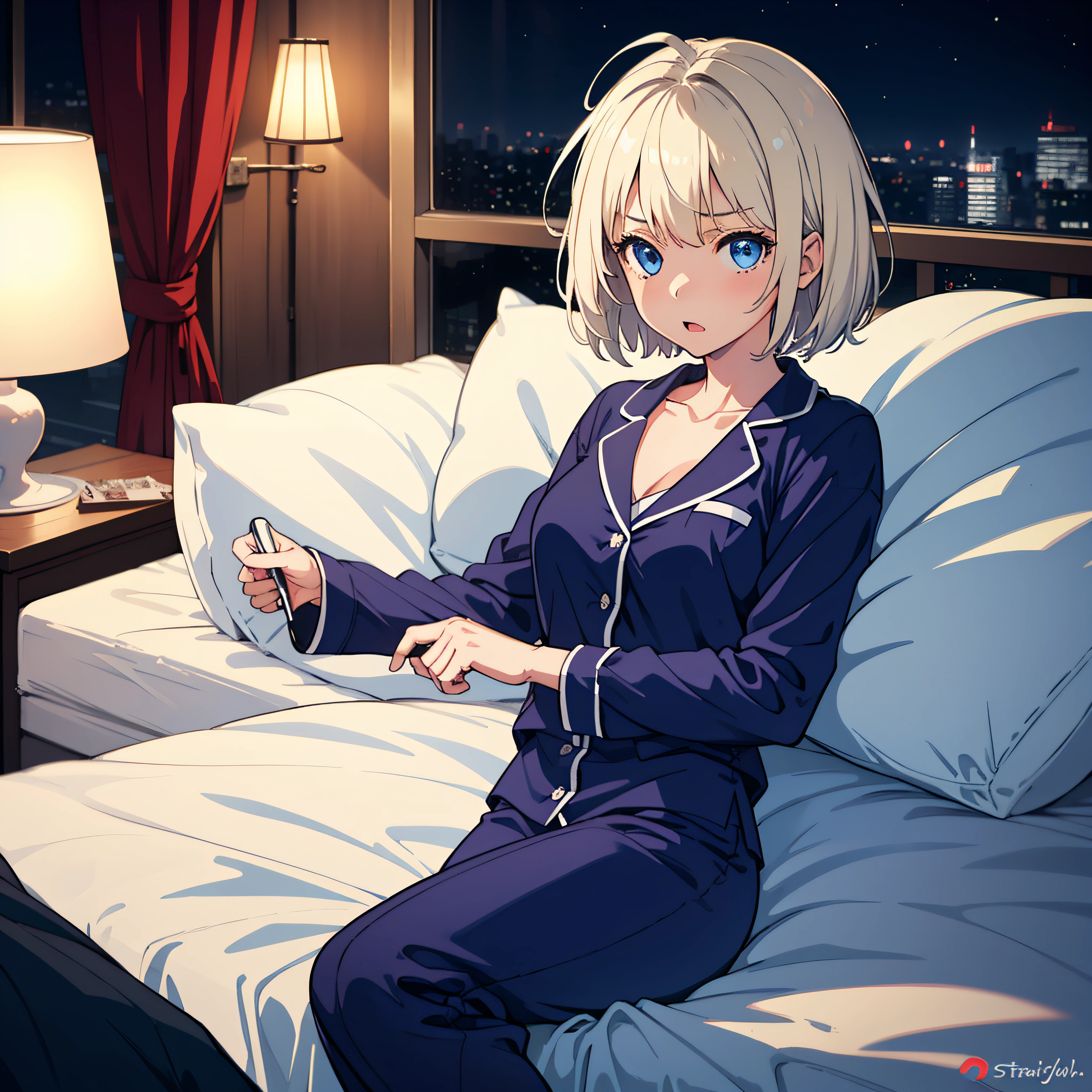 lone girl, masterpiece, best quality, 1girl, platinum blonde hair, short hair, blue eyes, perky breasts,night, pajamas, startled face, figure on bed, oversleeping, waking up