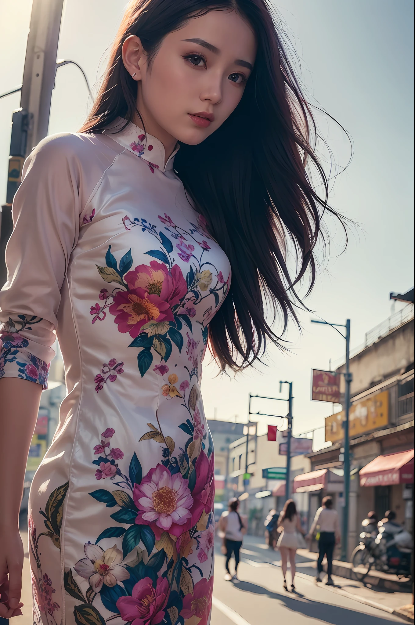a beautiful girl in vintage colors aodai , masterpiece, best quality, realistic:1.3, street, cyberpunk, holding bundle of adubon flowers, sunlight, backlighting, ((((hdr)))), intricate scene, artstation, intricate details, vignette