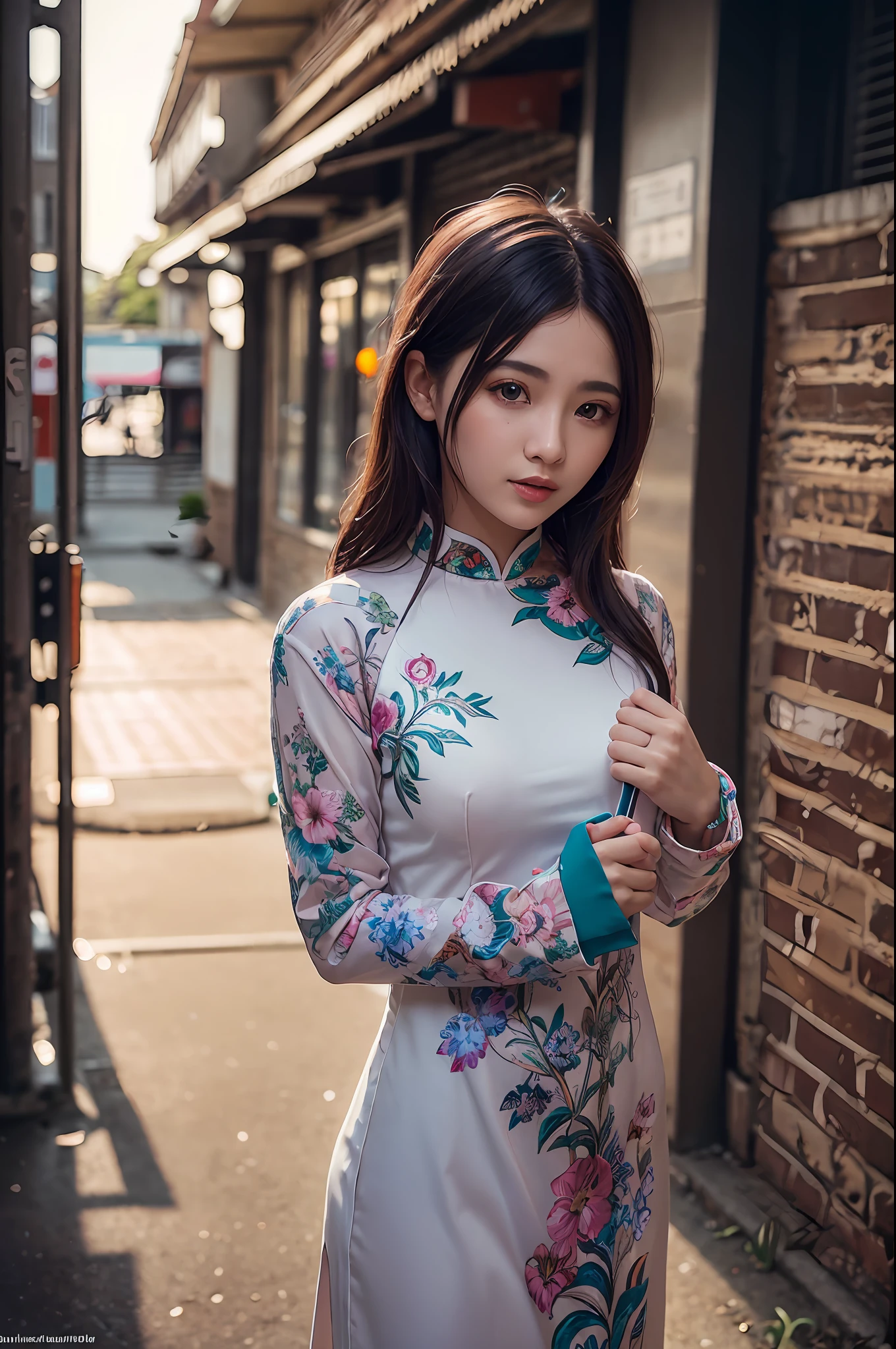 a beautiful girl in vintage colors aodai , masterpiece, best quality, realistic:1.3, street, cyberpunk, holding bundle of adubon flowers, sunlight, backlighting, ((((hdr)))), intricate scene, artstation, intricate details, vignette