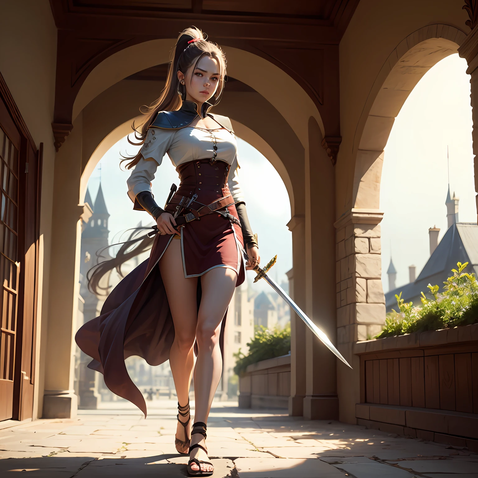 Western castle, female swordsman, Caucasian, ponytail, sandals