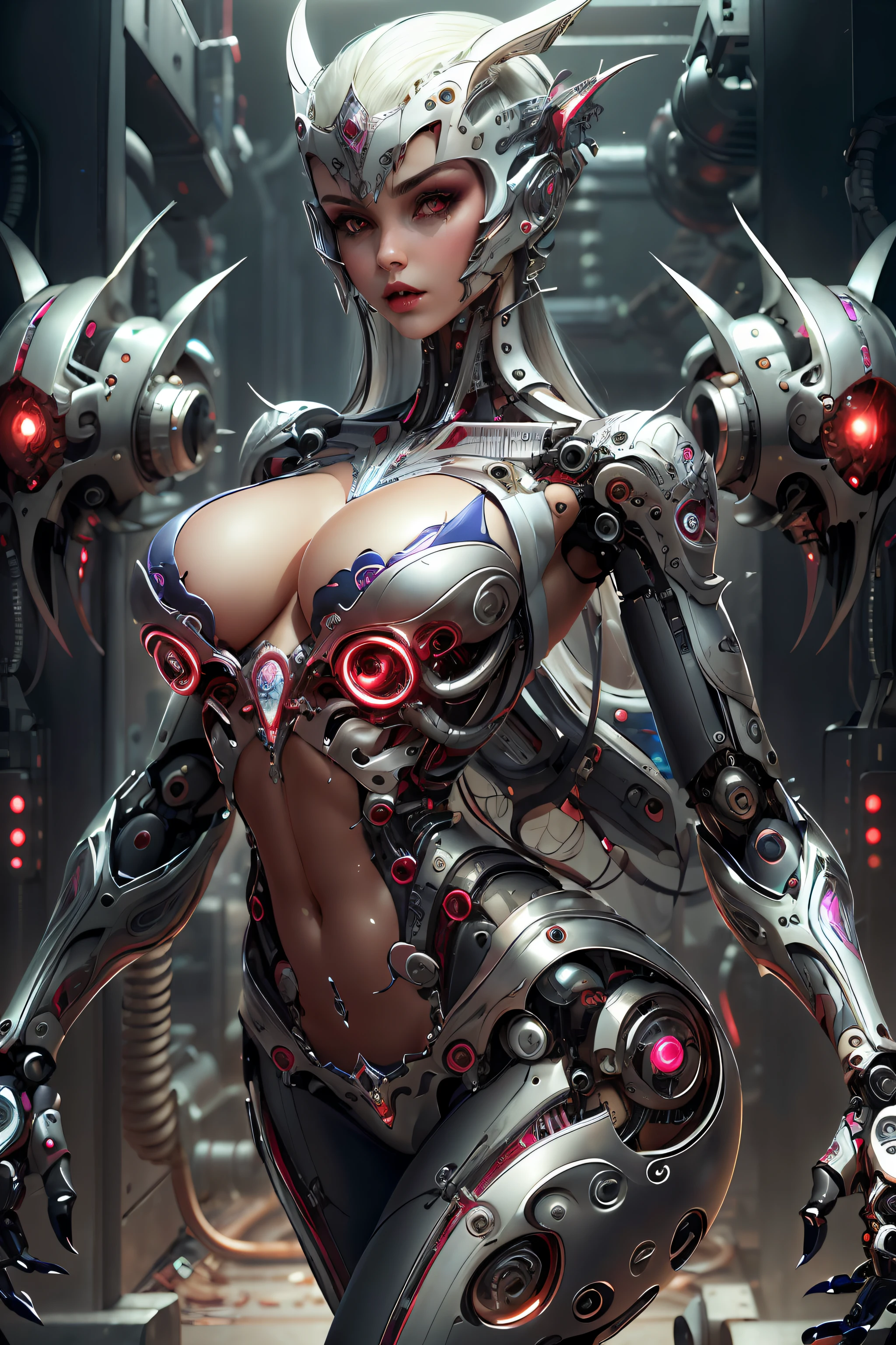 vamptech, girl, slave, bondage, sexy mechanical feminine body, gigachad, silver skin, vampiric, robotic, medium breasts