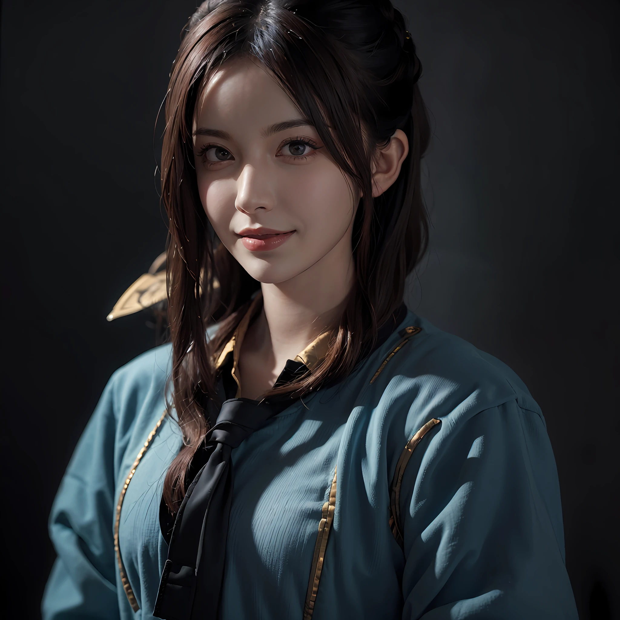 (front focus), (in the dark:1.6), Hyperrealist portrait of female by david hockney and alphonse mucha, fantasy art, photo realistic, dynamic lighting, artstation, poster, volumetric lighting, very detailed faces, 4 k, award winning, 1girl, in the dark, deep shadow, low key, cowboy shot, (official clothing:1.4), long hair, white hair, smile, ultra detailed skin,
