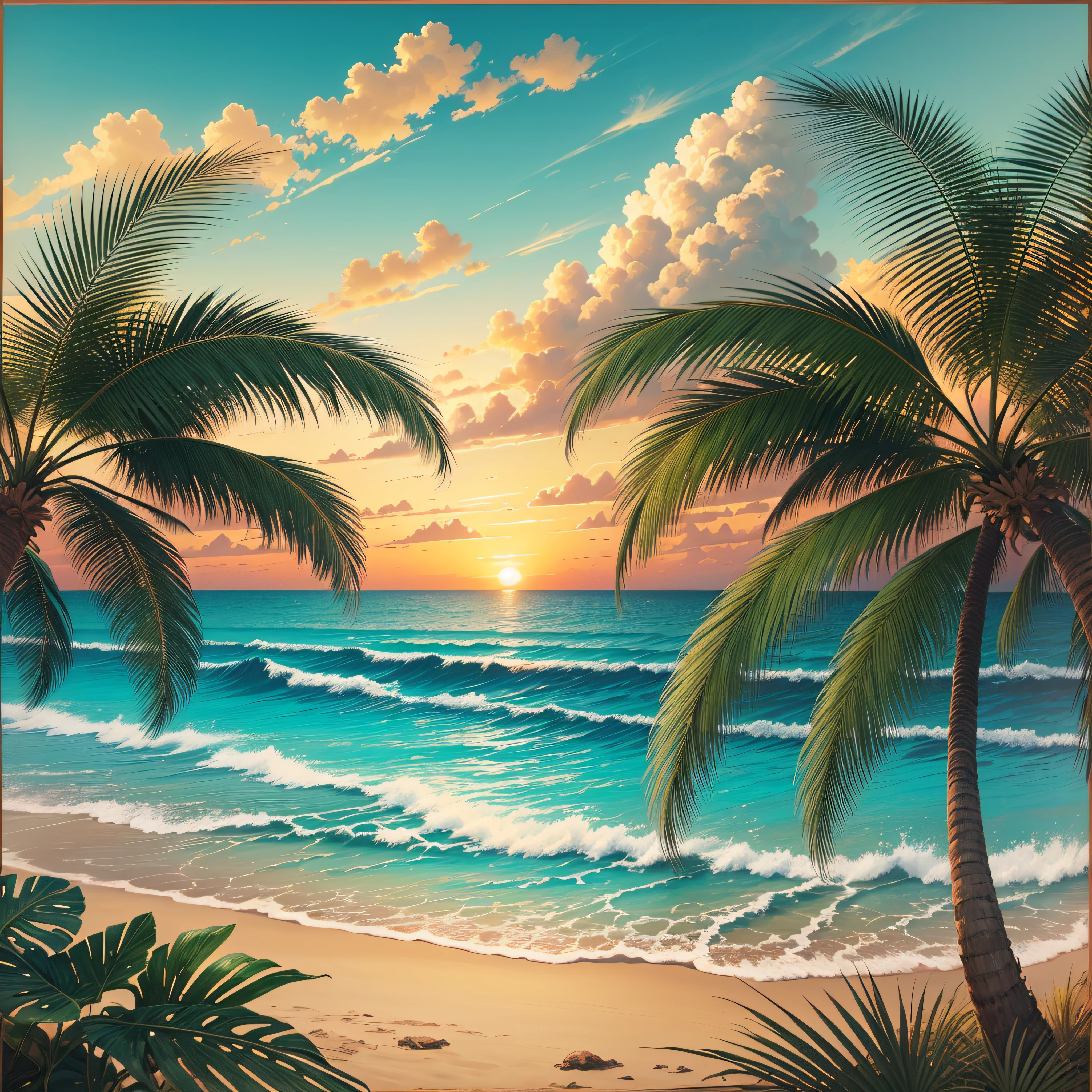 a sticker, artwork of t shirt graphic of majestic palm tree in digital painting style , beautiful flowers, sunset mountains and clouds , big sea waves, water splashes, white background, colorful fantasy flower sorround, highly detailed clean, vector image, photorealistic masterpiece, professional photography, realistic, flat white background, isometric, vibrant vector, clipart, illustration, realism, 4k, , cinematic, front view, white background, --auto