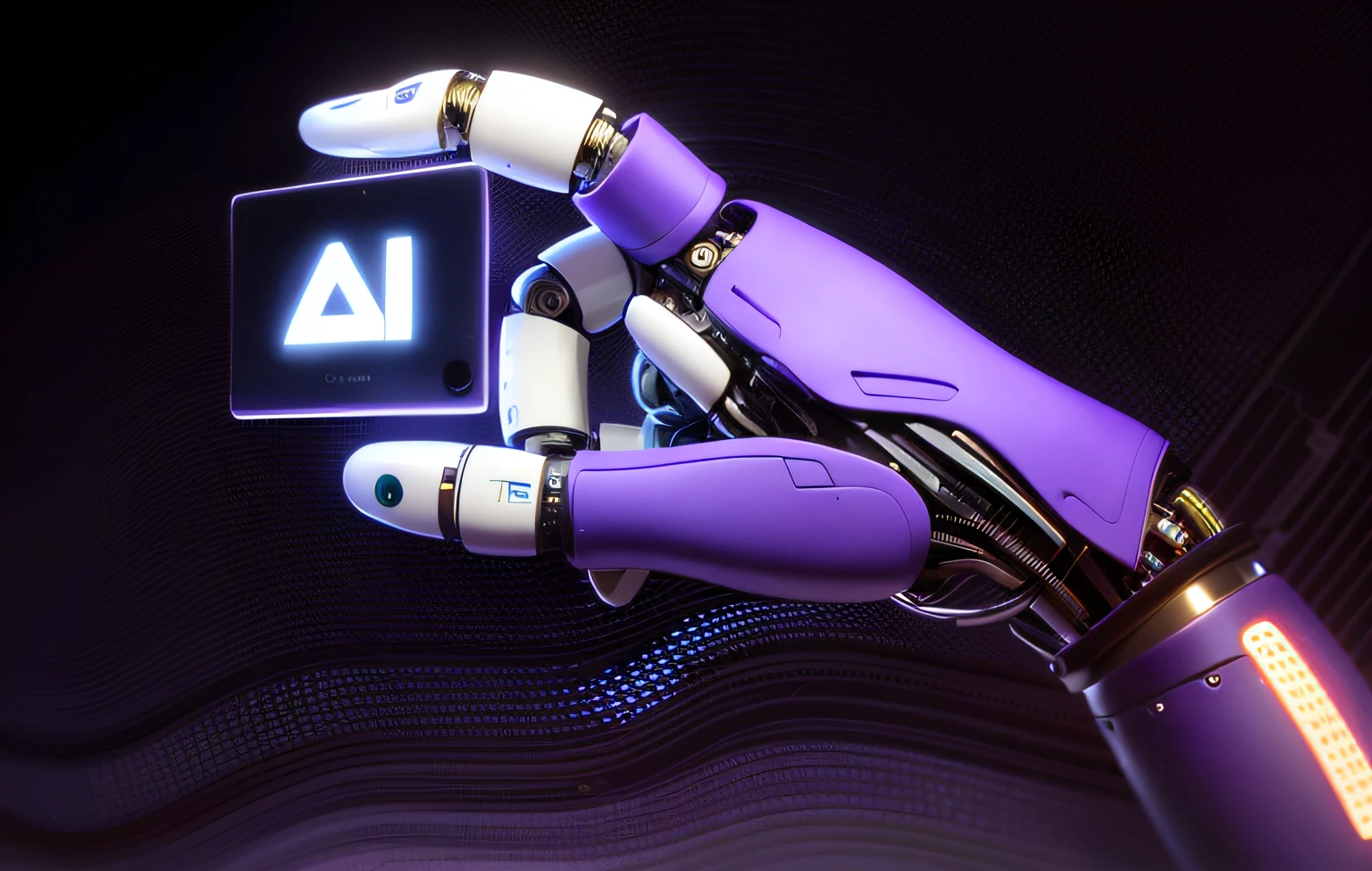 There is a robot hand holding a block with the letter AI, ((lighting in purple tones)), ((backgrond micro transistors of computers in purple tones)), infinite collaboration with AI, AI-themed, artificial intelligence, strong artificial intelligence, artificial intelligence!, the singularity of coming AI, artificial intelligence machine, robotic prosthetic arm, AI producing the realistic, robotic prosthetic limbs, AI, AI startup, robotic arm, with a robotic arm, AI researcher, robotic limbs