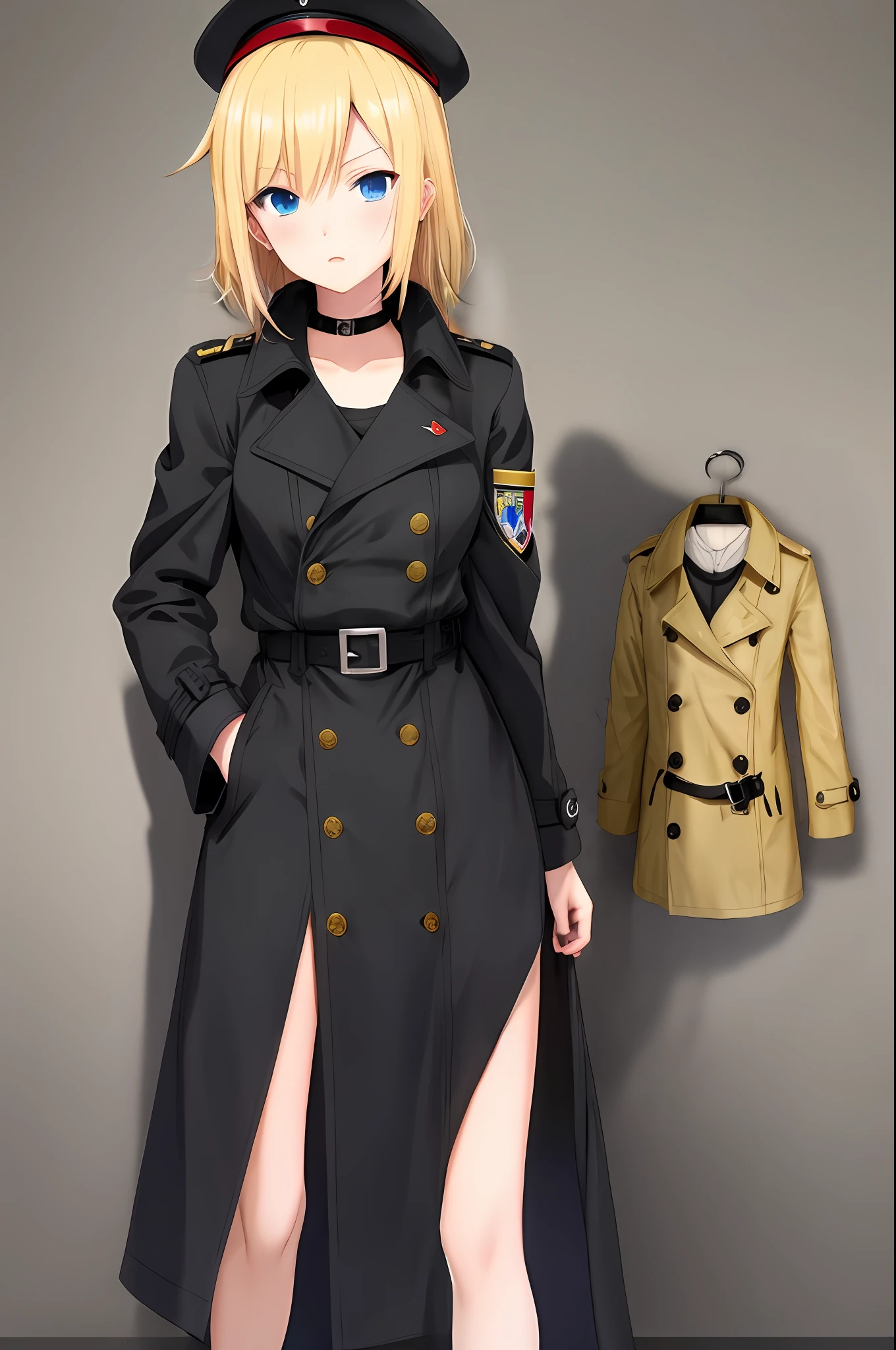 Short blonde hair, short hair, big black trench coat
