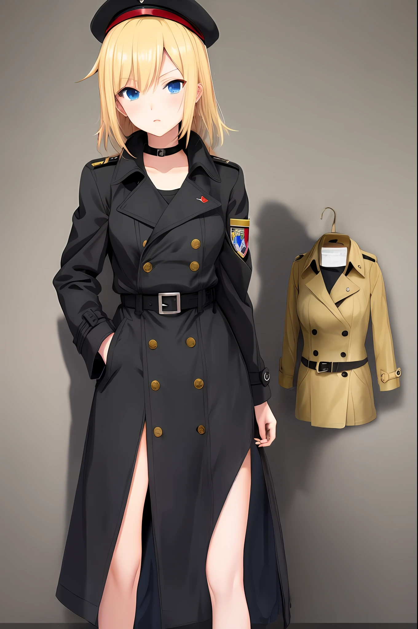 Short blonde hair, short hair, big black trench coat