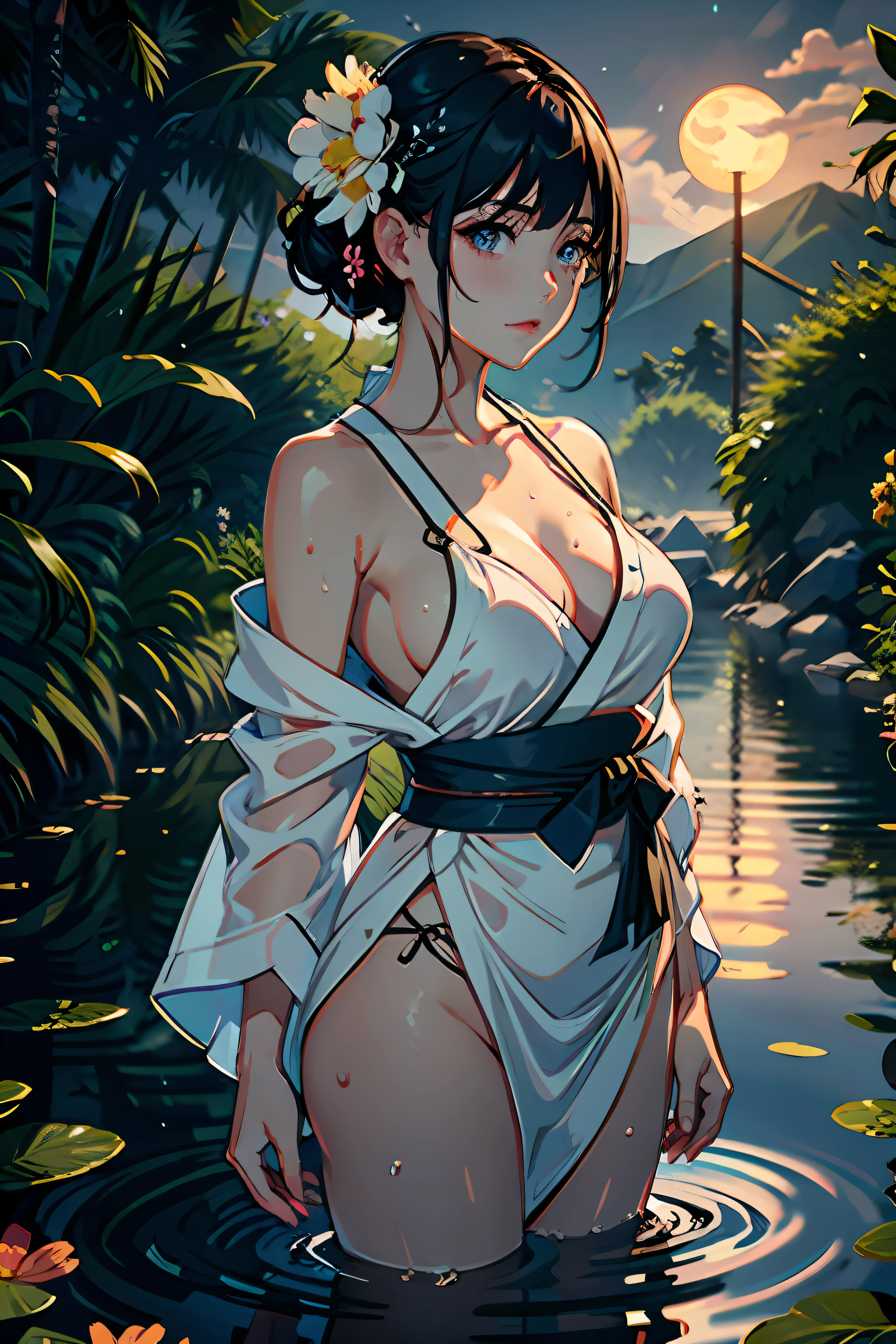 1girl, breasts, moon, lantern, night, solo, large breasts, hair ornament, wet, kimono, japanese clothes, wading, water, hair flower, flower, outdoors, sky, full moon, rain, black hair, off shoulder, mountain, cloud, holding, sash, bare shoulders, paper lantern, standing, white kimono, night sky, sideboob, obi, wet clothes, bangs, tree, from side, reflection, short hair, cloudy sky, wet hair (((masterpiece),(extremely detailed CG unity 8k wallpaper),best quality,,solo,1girl,cinematic lighting,detailed background,beautiful detailed eyes,bright pupils, (an extremely delicate and beautiful),(Beautiful and detailed eye description)， ultra-detailed,masterpiece,)), remove all cloths and make girl