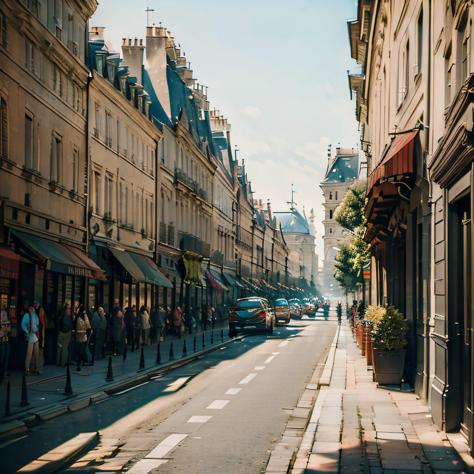 (Description: Beautiful Late Afternoon + at the Louvre in Paris, Sunset Street), (Paris style + French architecture), (High Quality + Best Lighting), (Beautiful Sunset) (blue / orange / red sky + birds), (Dynamic angles + continuous path), (Nostalgic + memory style + twilight), (main frame: street + building) +( empty streets, no people and no cars, just the beautiful architecture of Paris for contemplation)+(feeling of peace and tranquility).