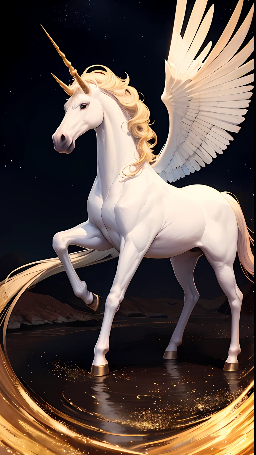 Muscular unicorn, horse with a horn, white color with raised front paws, beautiful white unicorn full body, maximum colored forest scenery with rainbow, golden particles, colored particles made of gold spirals around, image only the unicorn with no other characters in the picture, lots of hair, ultra realistic
