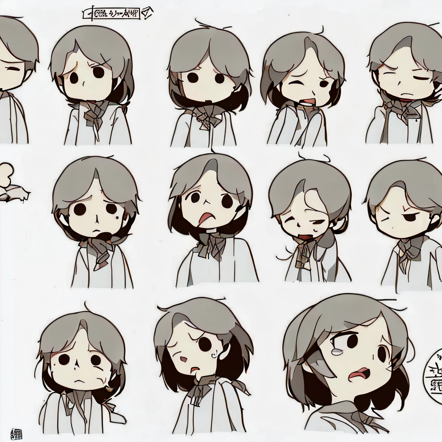 white background, character sheet, cute hand drawn illustration, logo design, ghibli style, personality rich character, anger, joy, sadness, surprise, fatigue, expressionless, defiant, tears, patience, affection, masterpiece, high quality