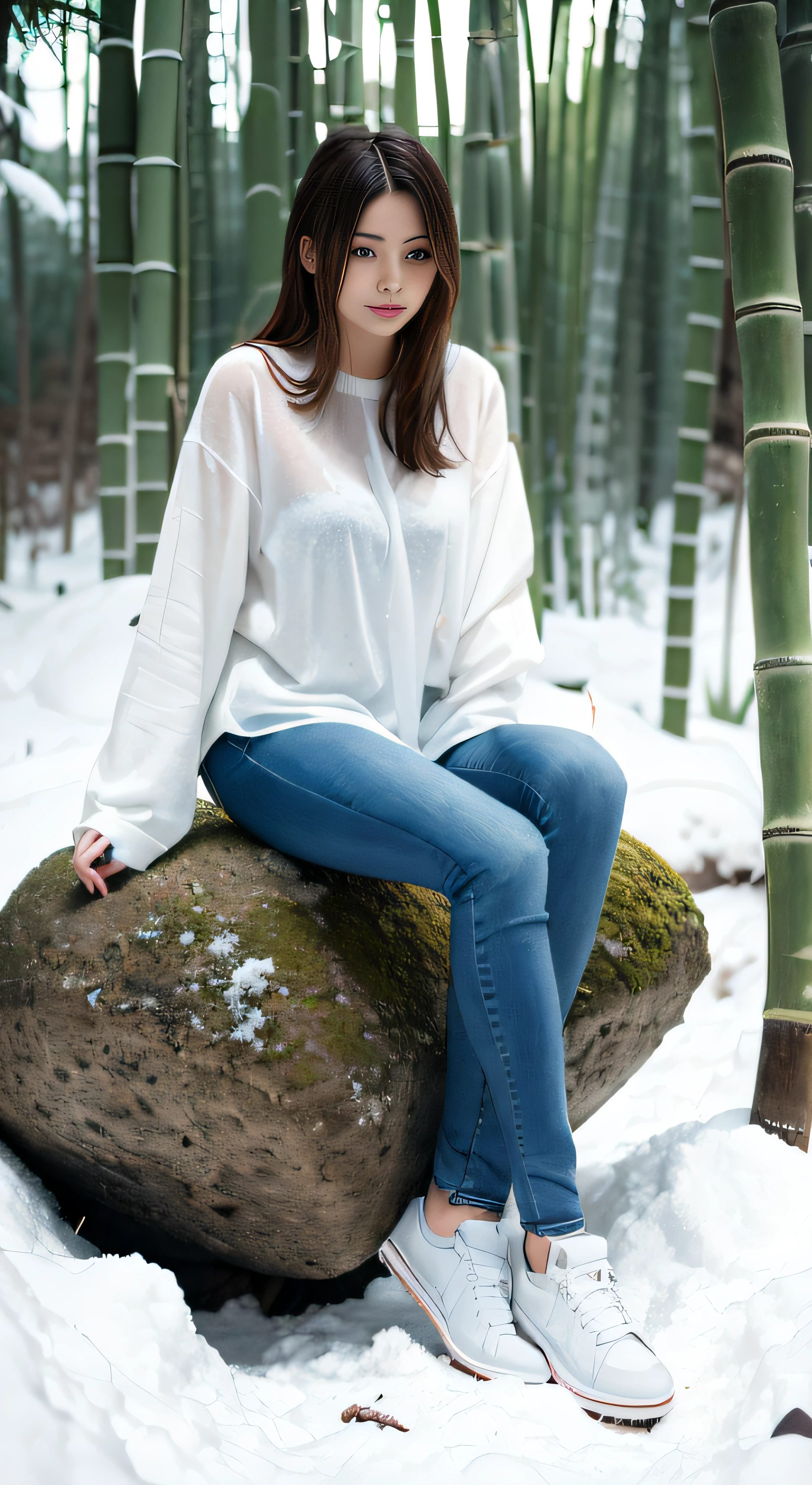 araffe sitting on a rock in a snowy forest, white shirt and blue jeans, sitting on a rock, white shirt and jeans, wearing a white sweater, sitting on a stone throne, on a rock, sitting in the forrest, white blouse and gothic boots, in a bamboo forest, casual pose, wearing an oversized sweater, wearing a white blouse