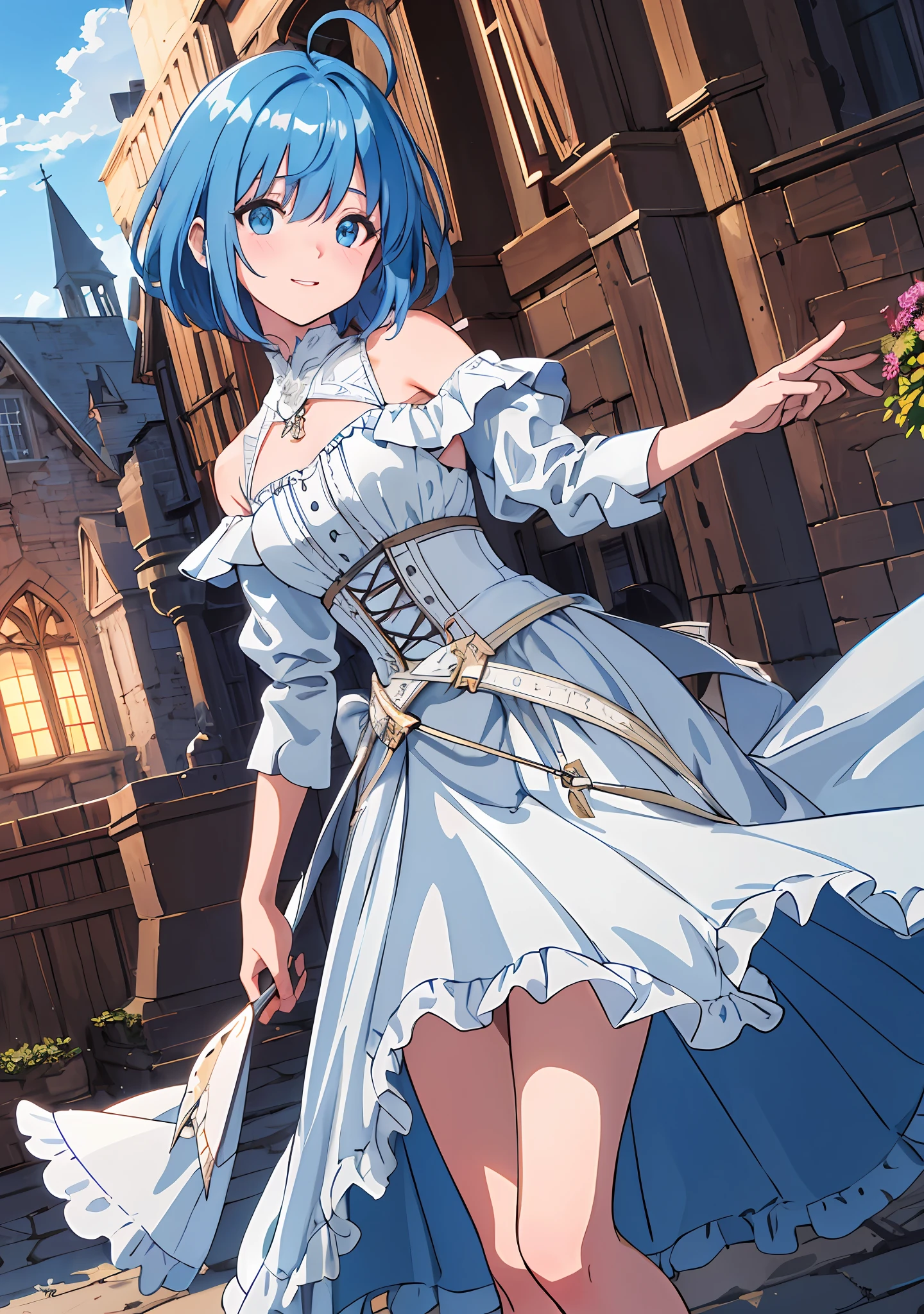 ((Masterpiece), (Best Quality)) (super detailed), (disheveled hair), photography, masterpiece, best quality, wallpaper, 1girl, 1 girl, solo, full-body, standing, fair-skinned, crystal clear clear skin, soft skin, short cut, ashime bob, sky blue hair, hair over one eye, long side hair, discreet ahoge, sky blue eyes, delicate light eyes, pretty girl, very pretty face, baby face, small face, 5 feet (152 cm) Small stature, drooping eyes, pink lips, delicate and slender, small breasts, small A-cup breasts, five fingers, smiling, looking at the viewer, looking at the camera, blush, embarrassed, shoulder-out, white knee-length dress, corset, dark blue poncho, detailed fabric texture, braided boots, dagger suspended at the waist, anime, game, medieval Europe, half-timbered building, Western-style building, cobblestone, blue sky, dynamic clouds, ( Twilight, (Dramatic Lighting)), (Soft Focus) (Vivid Colors), (Mysterious Atmosphere), Colorful, Global Illumination, Very Delicate and Beautiful, Best Shadows, Shallow Depth of Field, Vivid Colorful Paintings, Dramatic Shadows, Dramatic Lighting, Cinematic Composition, Sharp Focus, (8K), (4K), Highly Detailed, Complex, Highly Detailed
