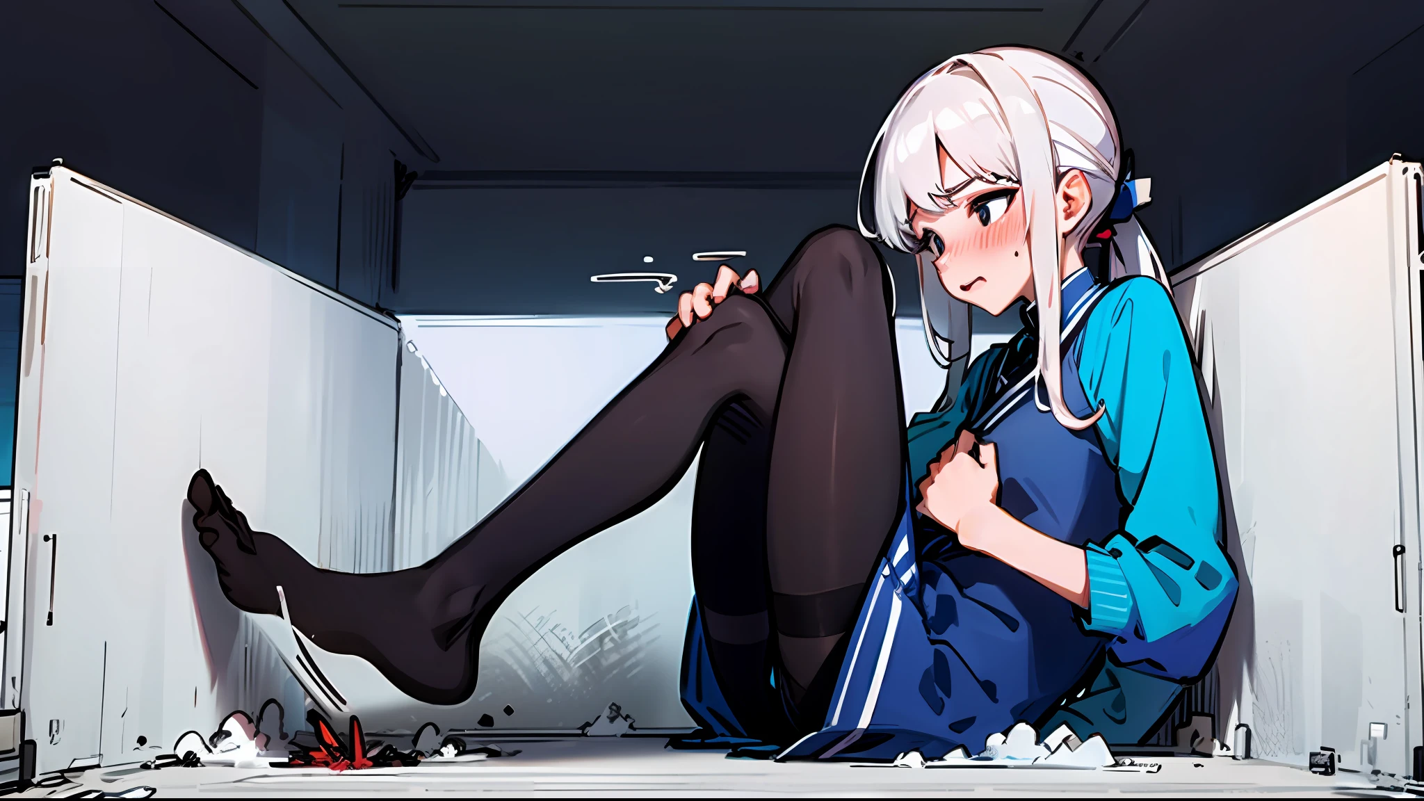 A girl sitting on a chair, double ponytail, black pantyhose, blushing, erlang legs, tiptoe