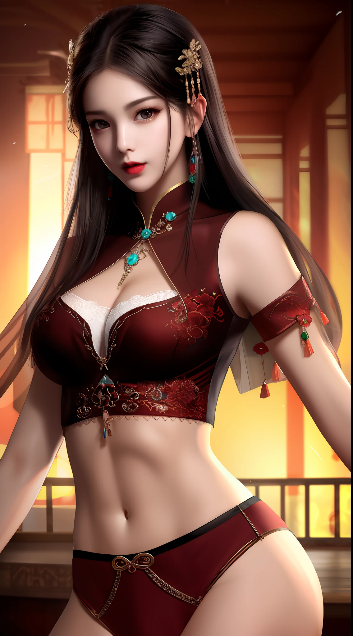 Realistic, 1 girl, see-through chinese armor soft red black, very large breasts, black hair, red lips, detailed eyes , dark backgrou,,Low light, Chinese underwear, best face, Low light landscape, sexy style, royal, Penetration , chinese underwear,bust, Dark background, Detailed face, taken from the belly up,See-through fabric, chest piercing