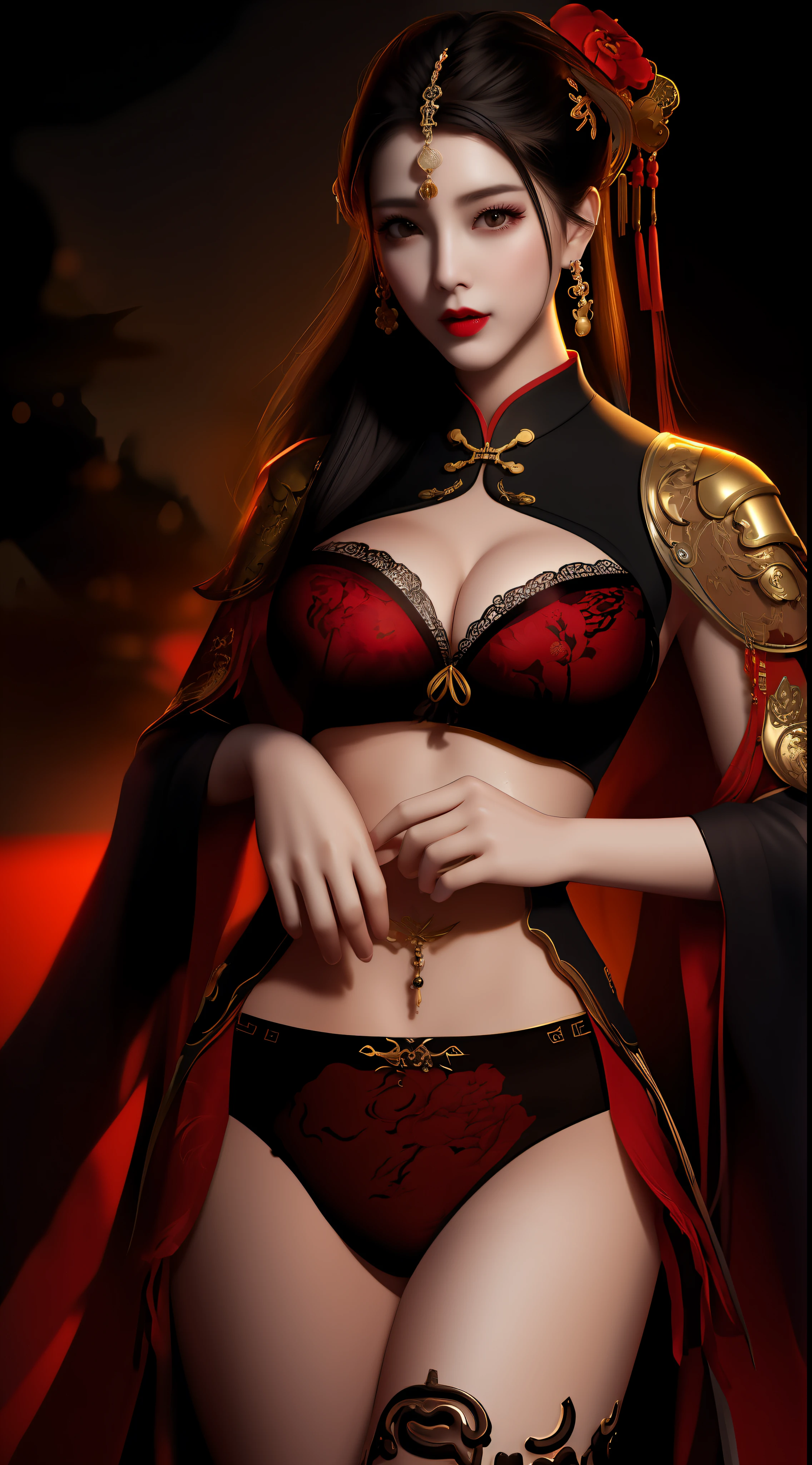 Realistic, 1 girl, see-through chinese armor soft red black, very large breasts, black hair, red lips, detailed eyes , dark backgrou,,Low light, Chinese underwear, best face, Low light landscape, sexy style, royal, Penetration , chinese underwear,bust, Dark background, Detailed face, taken from the belly up,Penetration material