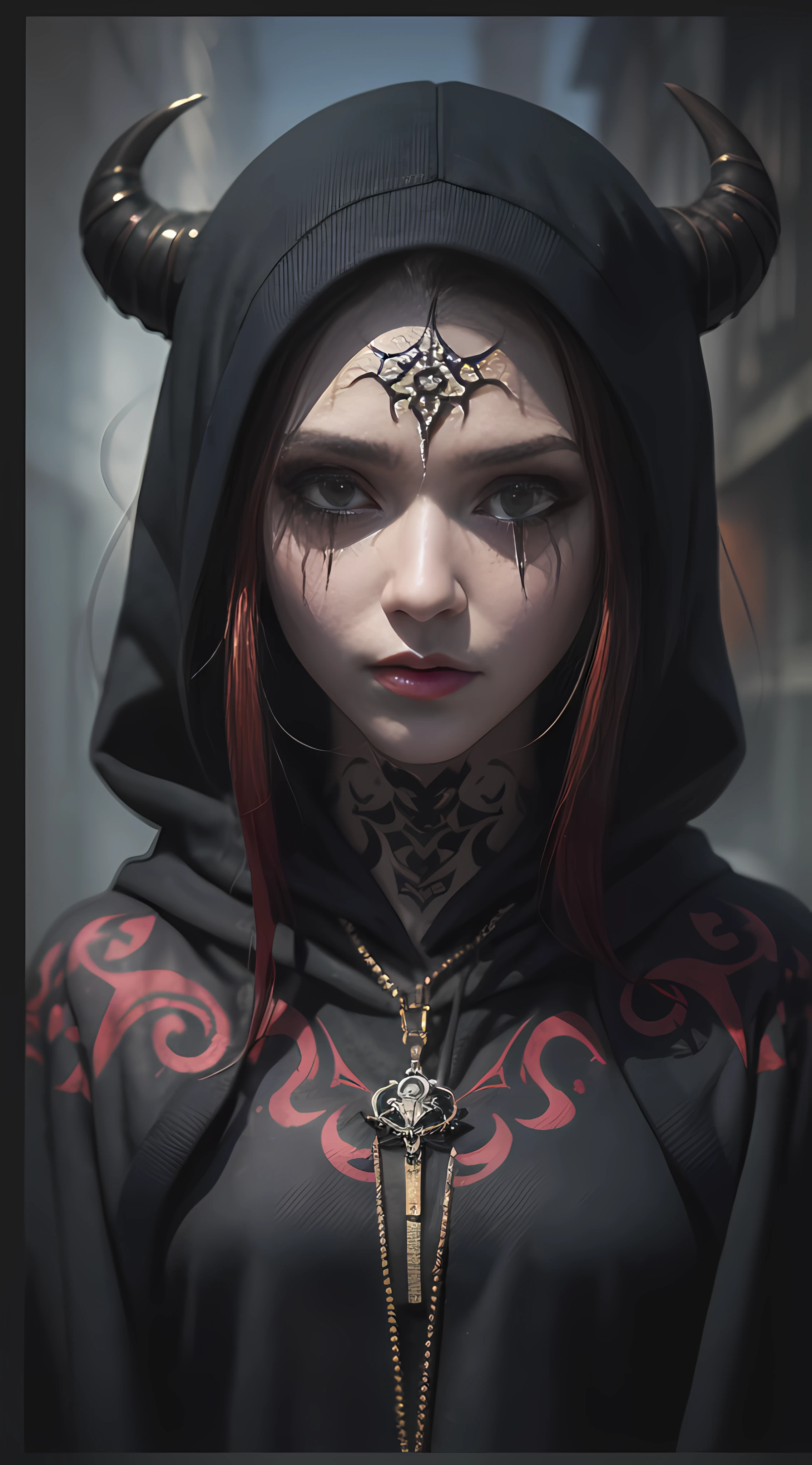 8k,outdoor,(telephoto lens,full body),gyaru,tears, slender fingers, exquisite facial features, prefect face,illustration,horror girl, tattoos, portrait of the god of death, angel of death, demon noble character design, Peter Morbach style, demon soul concept art,Cotton hoodie,unbuttoned clothes,,