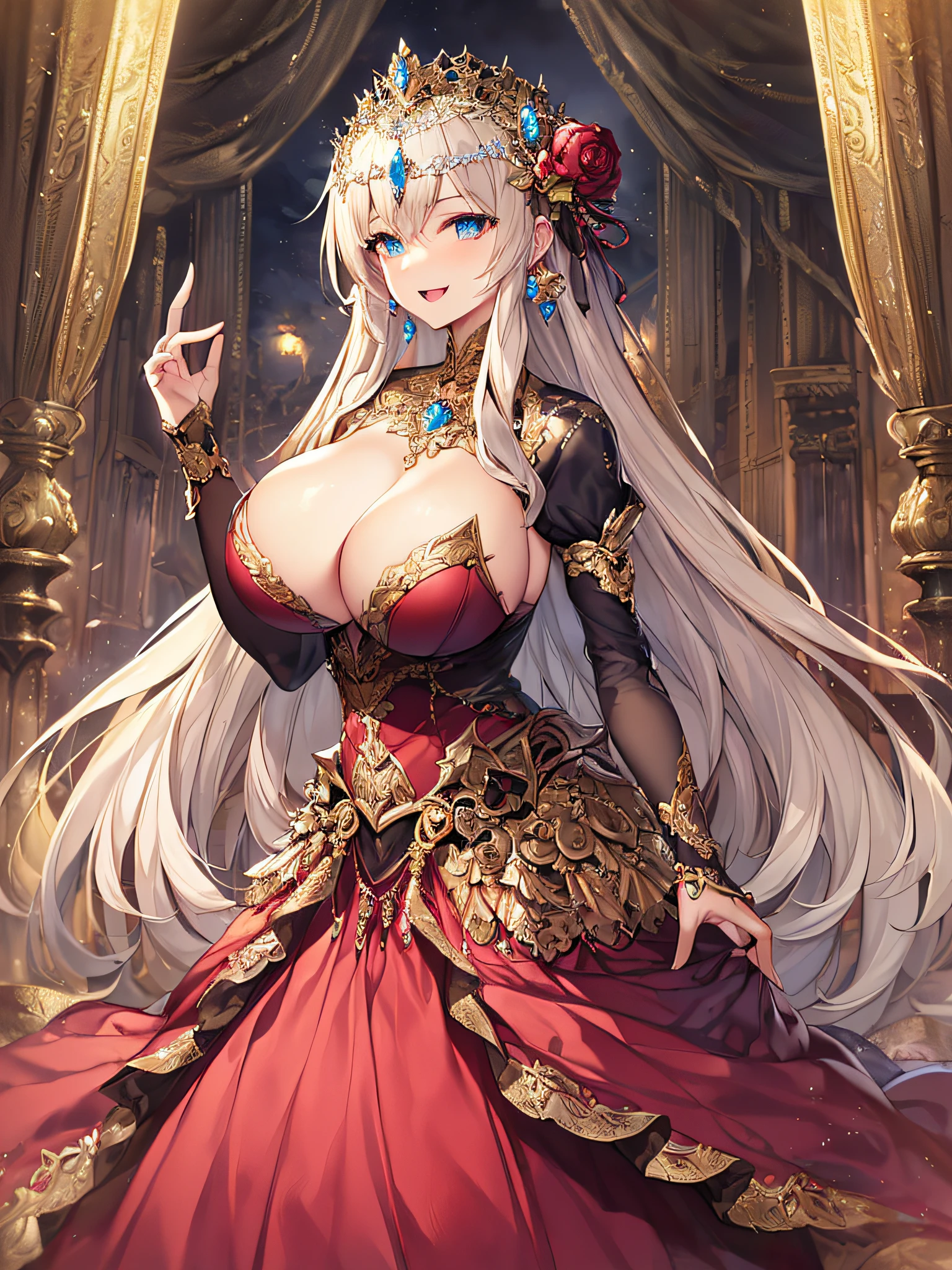 ((anime artstyle)),(Masterpiece),(Best Quality), (Super Detail),Illustration,((Very Delicate and Beautiful)),Focus on character,Dynamic Angle,Looking at viewer,((Solo)),standing,(((full body))),((one evil and cute princess in gorgeous ball gown with voluminous skirt)),detailed face and eyes,(Wicked laugh),jewel-like eyes,((Very Long voluminous Hair)),gorgeous embroidery and lace,See-through,ornate ruffles,Gorgeous jewelry ornaments,luxury hair ornament,luxury and evil tiara with jewels,(gigantic breasts,Long breasts),full body,((evil atmosphere)),dominant atmosphere,((gorgeous ball gown with voluminous skirt))