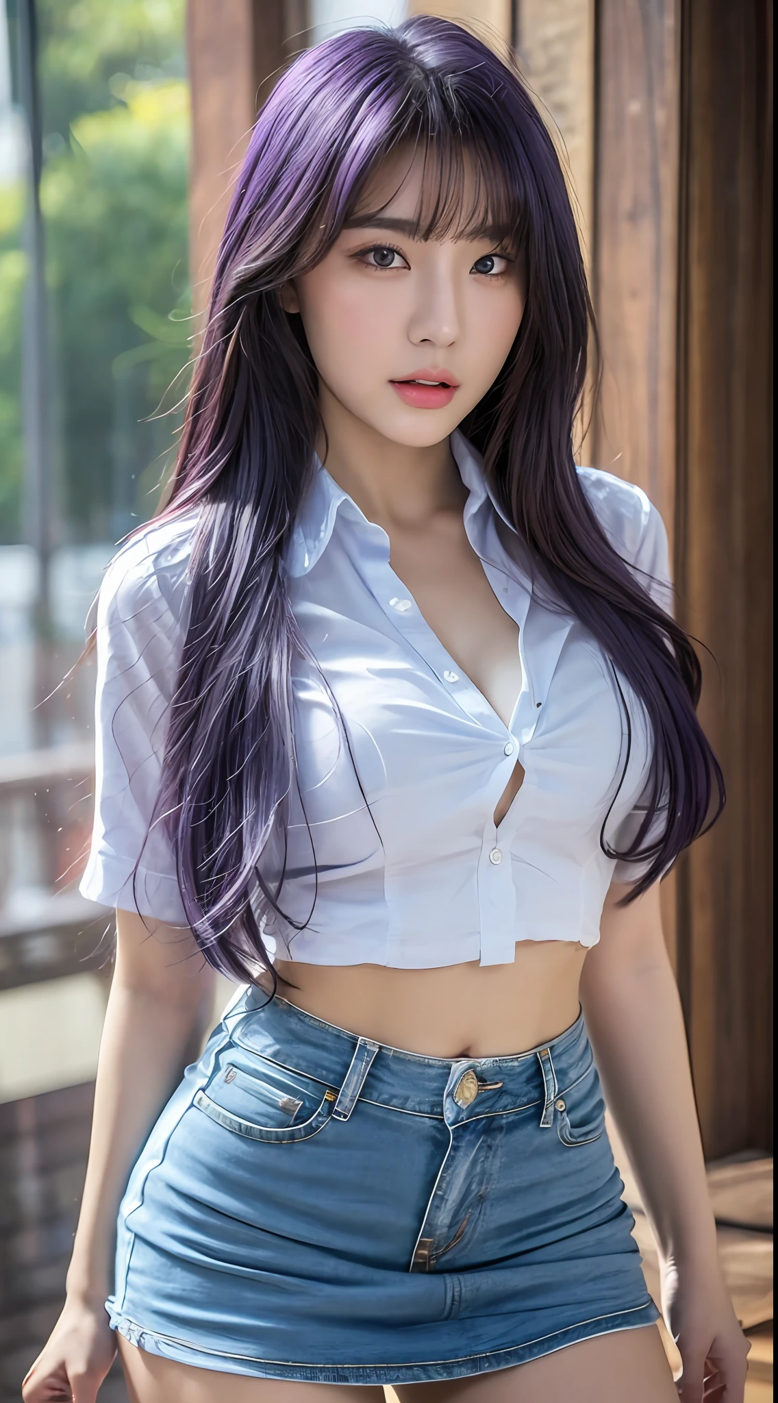(Best Quality, 8k, 32k, Masterpiece, UHD: 1.3), Attractive Chinese Female Photo, A Girl, (Big: 1.0), Abs, Perfect Figure, (Clear Shirt: 1.1), Ultra-detailed face, detailed lips, fine eyes, double eyelids, wearing blue miniskirt, purple hair