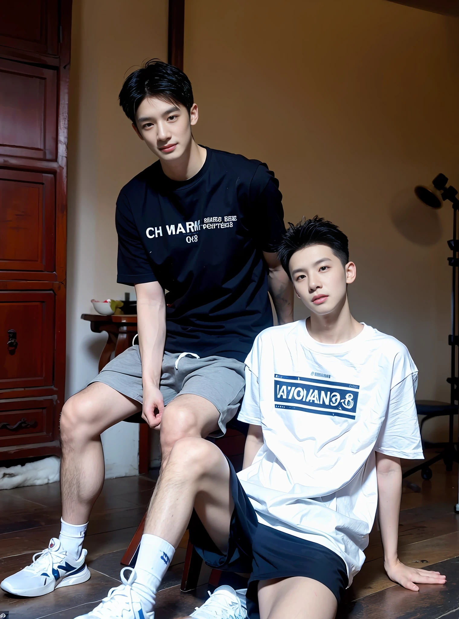 (Chinese Handsome: 1.5), two men on the beach with realistic details, realistic photos, textured skin, looking into the camera, 18 years old boy, studio, danshi koukousei, model, long legs, gay couple