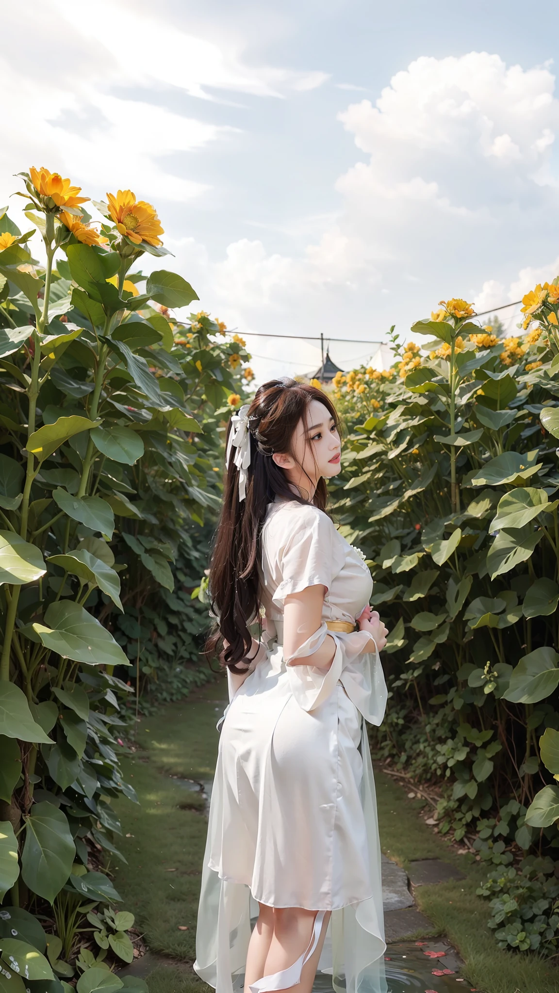 1girl, solo, brunette hair, (blood volume: 1), , full body, (realism: 1.4), official art, unreal 8k wallpaper, super detailed, beautiful aesthetics, masterpiece, best quality, (dynamic angle: 1.4), elegant, bright colors, romantic, sexy, transparent, see-through, Chinese Hanfu, bare breast, (transparent skirt), barefoot, (wet), (see-through), (big breasts, cleavage), (massage stick in hand), seduction, (open legs), pubic hair
