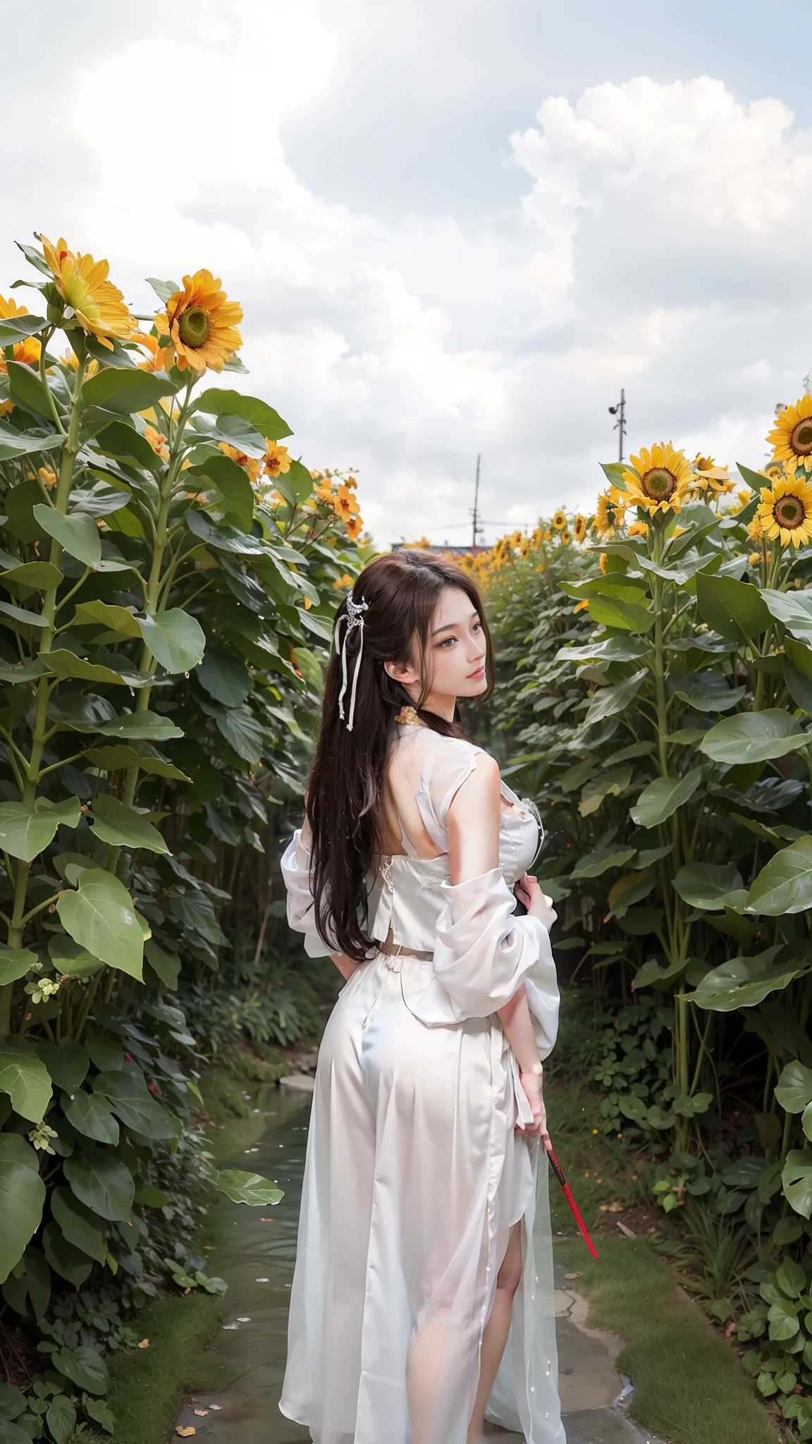 1girl, solo, brunette hair, (blood volume: 1), , full body, (realism: 1.4), official art, unreal 8k wallpaper, super detailed, beautiful aesthetics, masterpiece, best quality, (dynamic angle: 1.4), elegant, bright colors, romantic, sexy, transparent, see-through, Chinese Hanfu, bare breast, (transparent skirt), barefoot, (wet), (see-through), (big breasts, cleavage), (massage stick in hand), seduction, (open legs), pubic hair