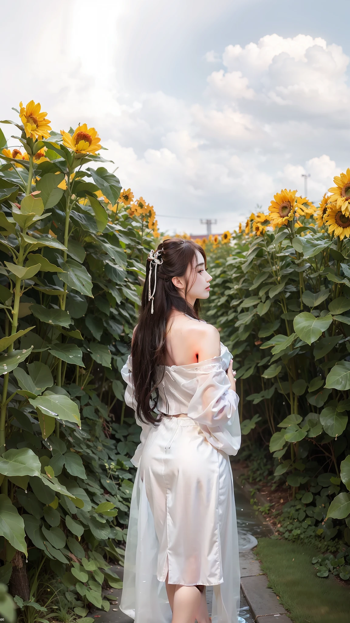 1girl, solo, brunette hair, (blood volume: 1), , full body, (realism: 1.4), official art, unreal 8k wallpaper, super detailed, beautiful aesthetics, masterpiece, best quality, (dynamic angle: 1.4), elegant, bright colors, romantic, sexy, transparent, see-through, Chinese Hanfu, bare breast, (transparent skirt), barefoot, (wet), (see-through), (big breasts, cleavage), (massage stick in hand), seduction, (open legs), pubic hair