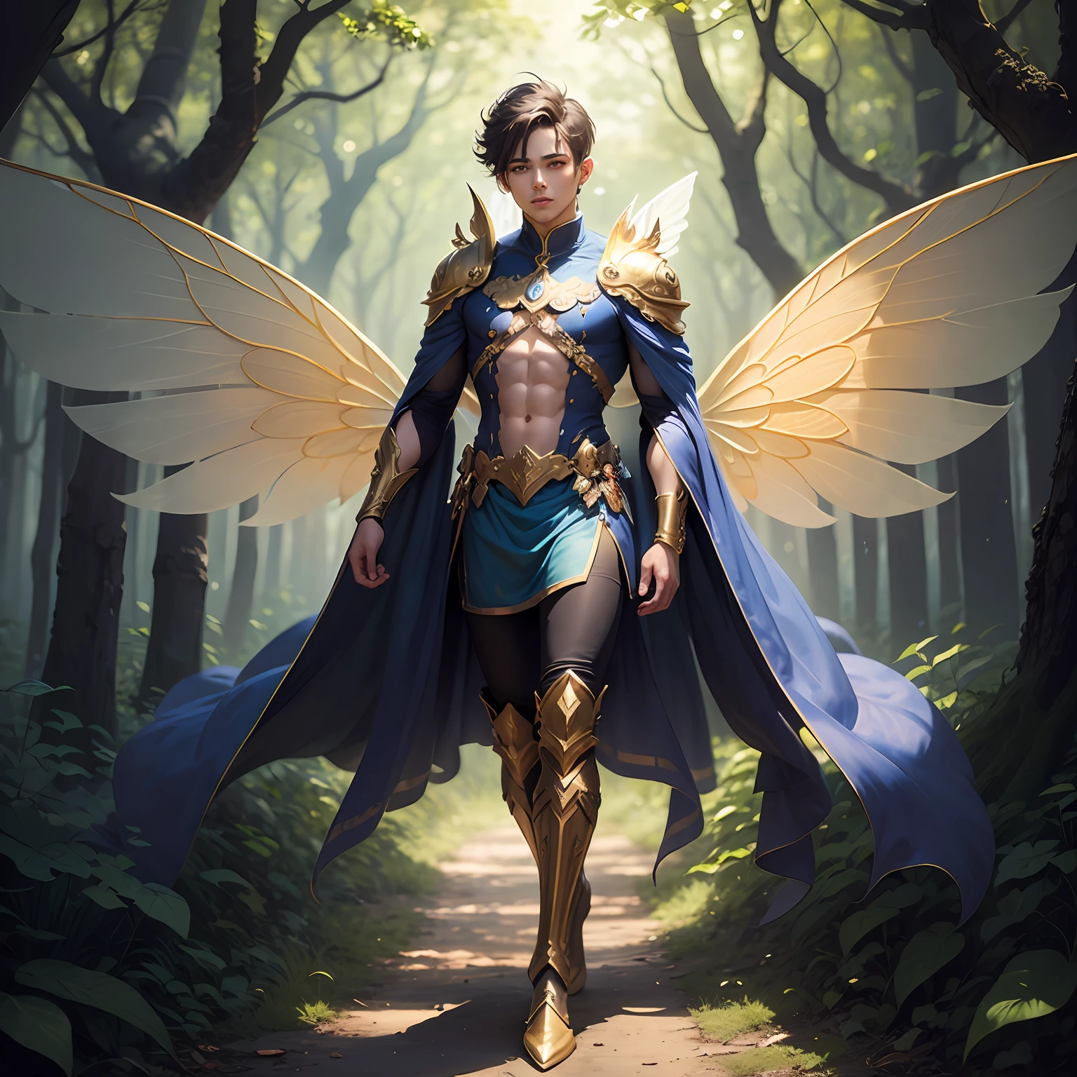 Cute male fairy with blue and gold details, large wings, full body, forest in the background, soft, delicate, symmetrical colors, male face, masterpiece, full body --auto