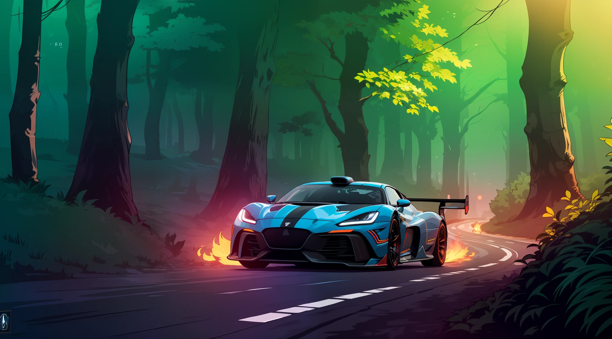 "For the longer composition/Task 2 in April 2023, focus on a racing cars theme with elements of motion blur, set in a beautiful mystical forest road."