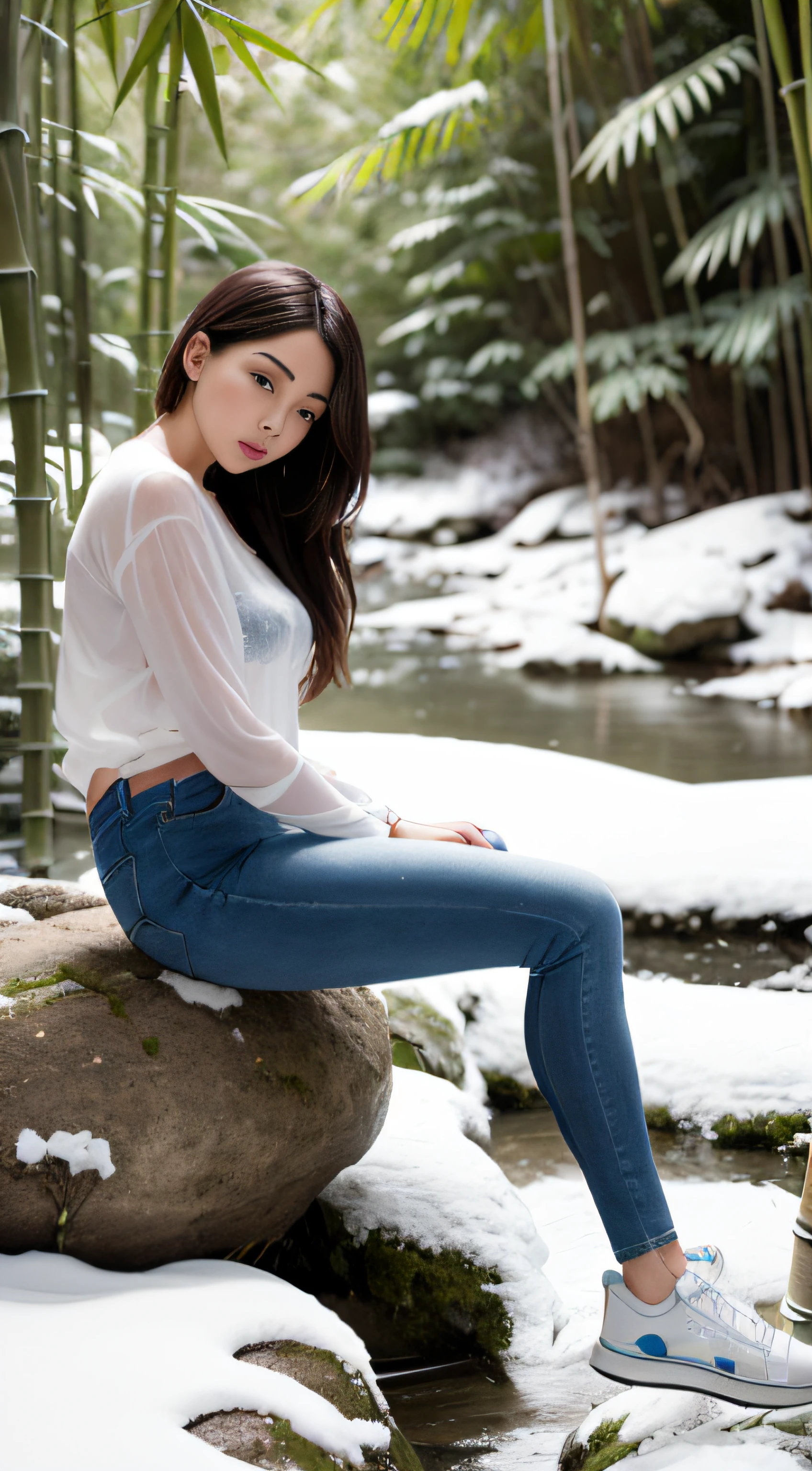 High-definition, realistic, a long-legged woman wearing a soaked white shirt, blue skinny jeans and sneakers sits on a large rock in the middle of a bamboo forest in winter, surrounded by snow, and her hands are not visible.