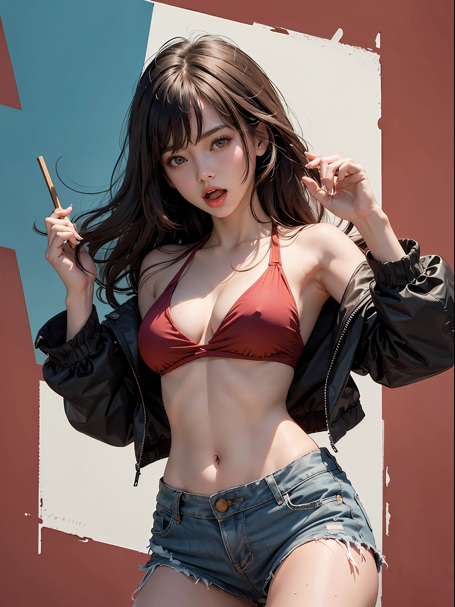 (((1girl))), hands up, brown long hair, tank-top, jacket, open shoulder, cowboy shot, bikini, medium breast, red background, open mouth, stick out her tongue out at viewers, red eyes, flushed, yumeko jabami