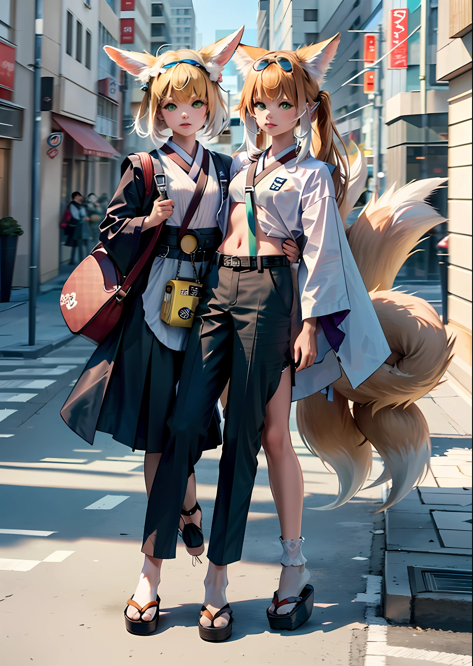 Japanese style, yellow and white gradient long upturned hair, green eyes, a fake two-piece top, two belts in his pants, and a corgi bag