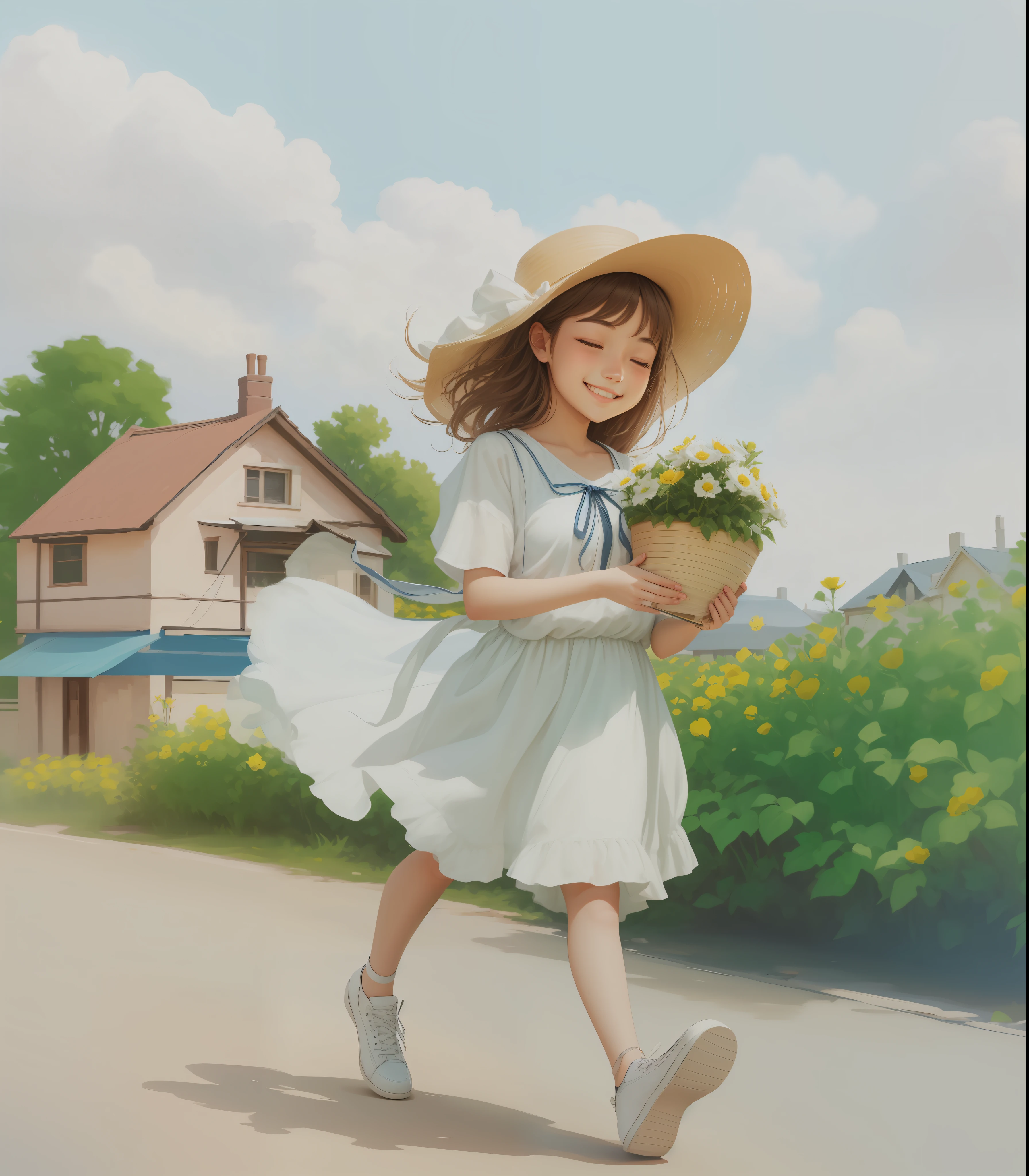 16 years old girl is smiling, close her eyes,wearing white cloth, holding flowers bucket((correct fingers)),background house, sky is clear, sunny day, digital art, stable diffusion brush,  8k ,details.
