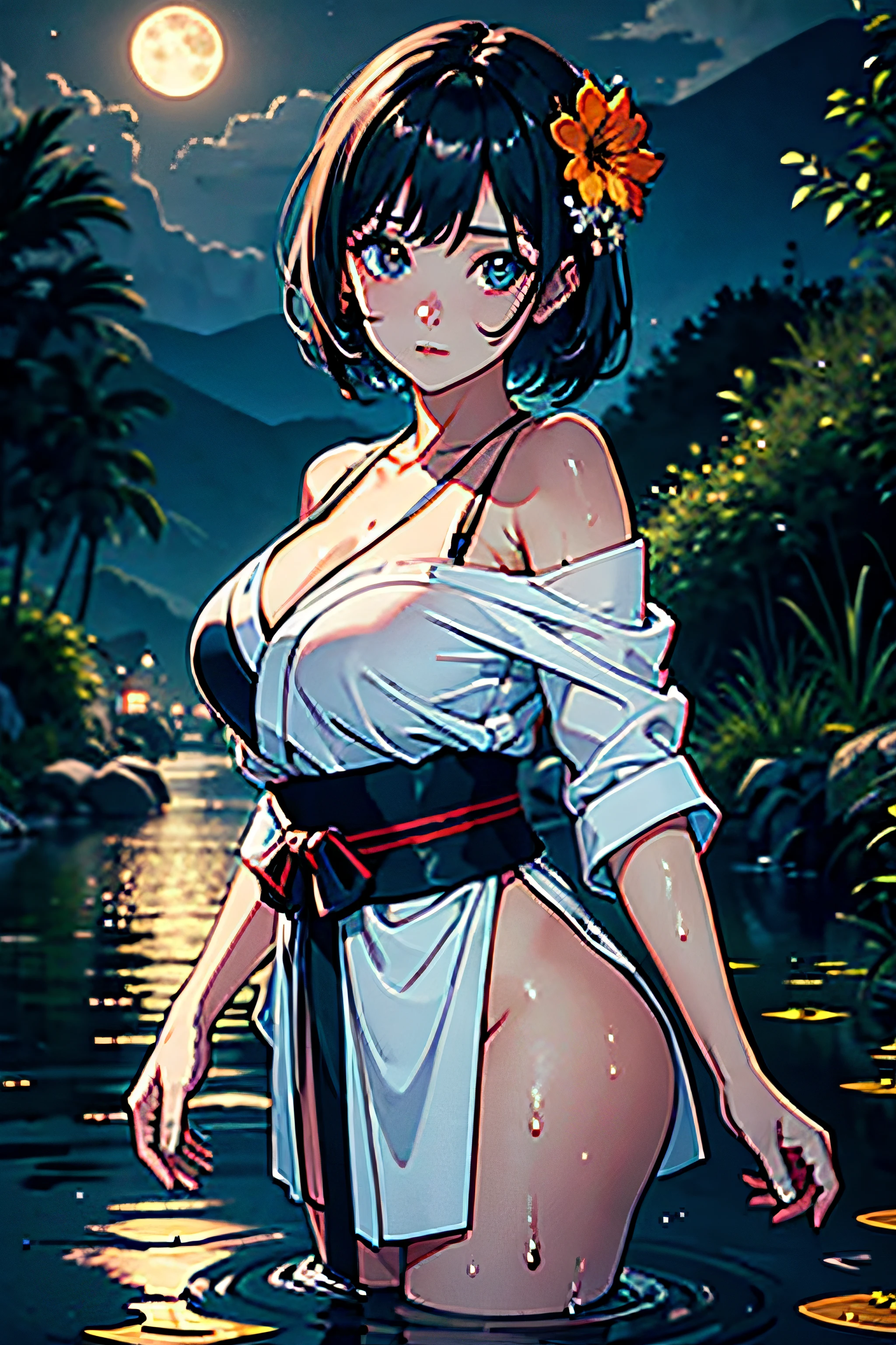 1girl, breasts, moon, lantern, night, solo, large breasts, hair ornament, wet, kimono, japanese clothes, wading, water, hair flower, flower, outdoors, sky, full moon, rain, black hair, off shoulder, mountain, cloud, holding, sash, bare shoulders, paper lantern, standing, white kimono, night sky, sideboob, obi, wet clothes, bangs, tree, from side, reflection, short hair, cloudy sky, wet hair (((masterpiece),(extremely detailed CG unity 8k wallpaper),best quality,,solo,1girl,cinematic lighting,detailed background,beautiful detailed eyes,bright pupils, (an extremely delicate and beautiful),(Beautiful and detailed eye description), ultra-detailed,masterpiece,)), remove all cloths and make girl