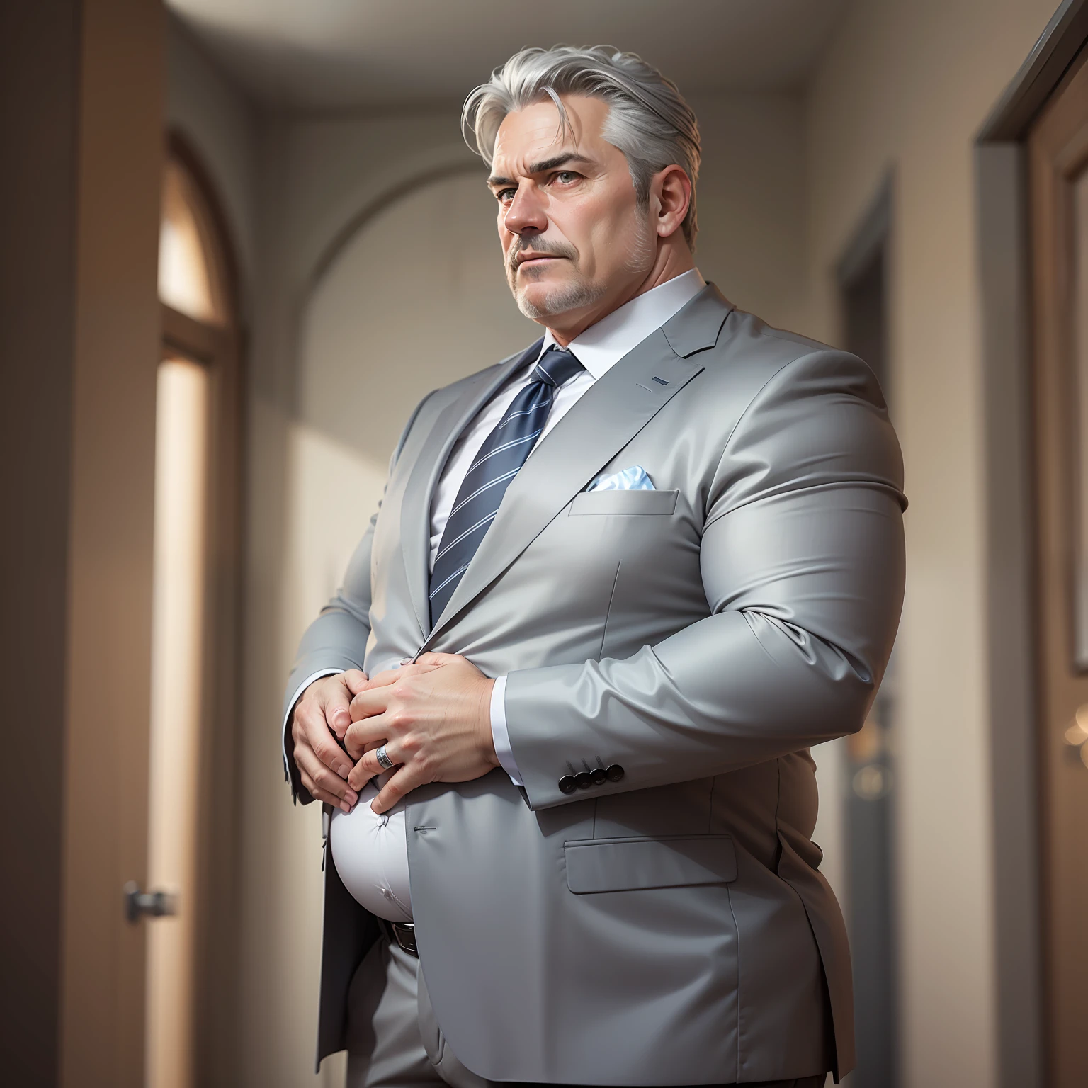 Ultra realistic image of a middle-aged man, gray hair and with entrances, chubby in the belly, dressed elegantly in a gray suit, a close-up on his face