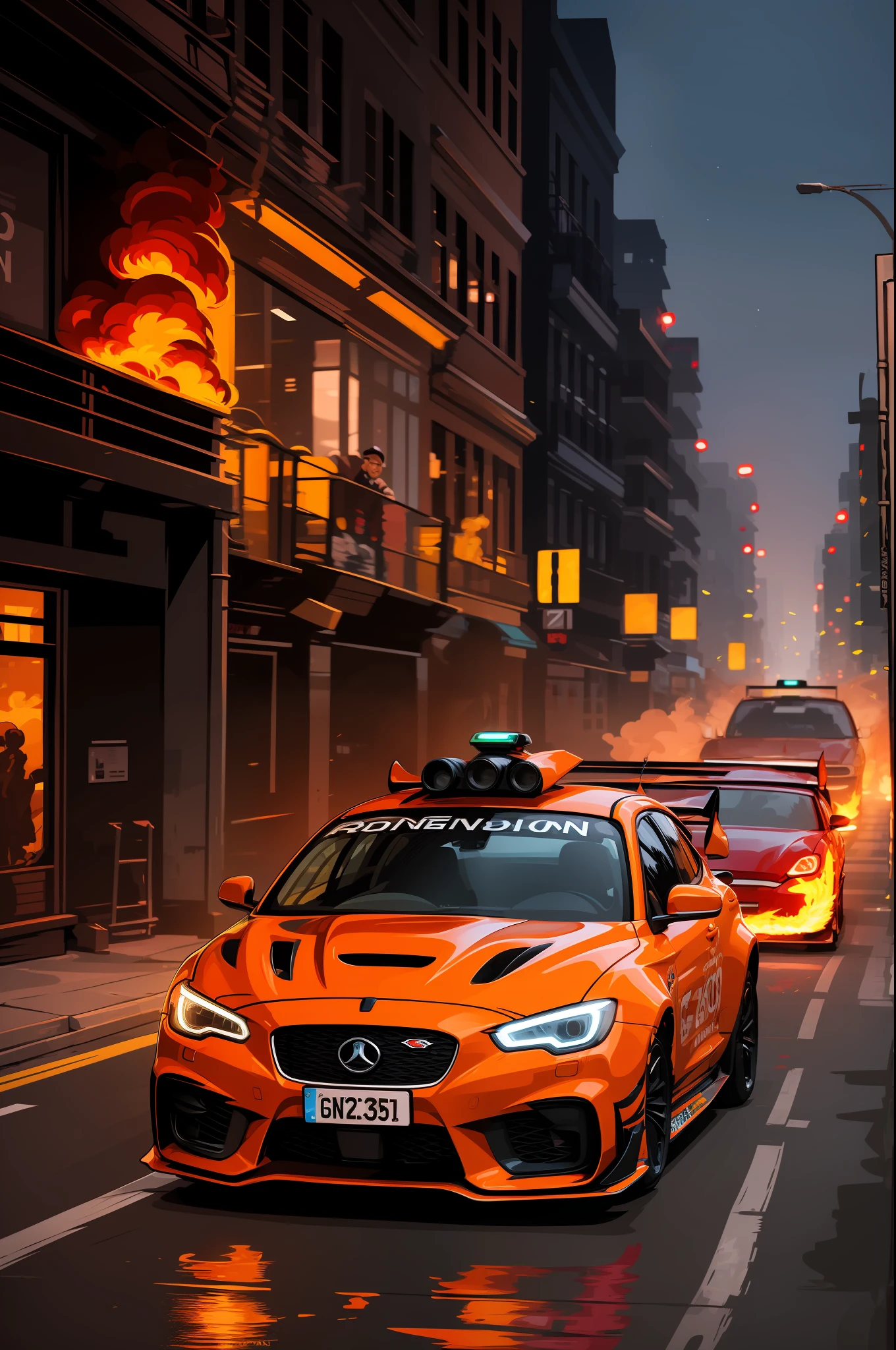 "spectacular ghost ride racing cars in a fiery spectacle, featuring menacing skeleton cars, engulfed in flames, racing through a vibrant street paved with molten lava."