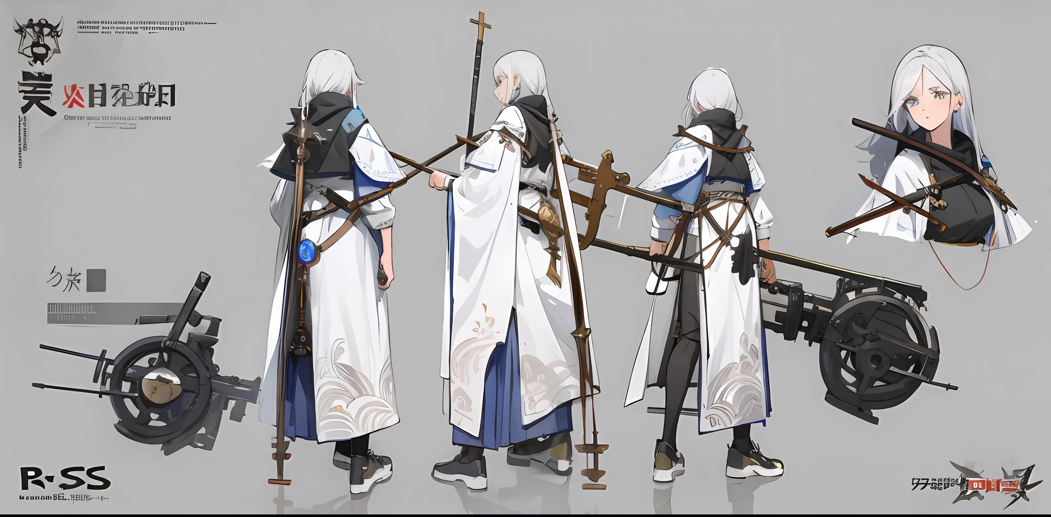 A girl holds a huge mechanical cross staff,