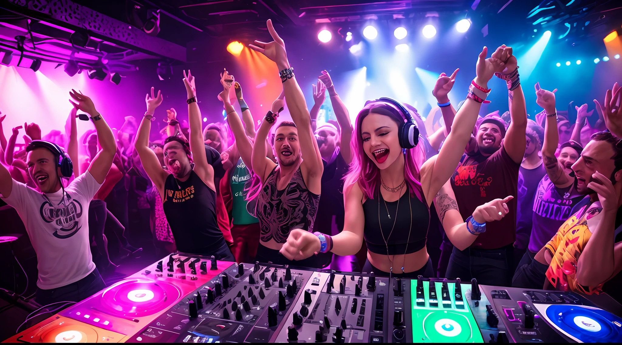 strong body upper, dj bear, colorful clothes, quirky, vibrant appearance, playful accessories, creative, imaginative, spontaneous behavior, DJ headphones, mixing console, music club, nightclub, independent theaters, people dancing on the dance floor background, underground nightclub, high quality, skin texture, intricate details, (cinematic lighting), RAW photo, 8k