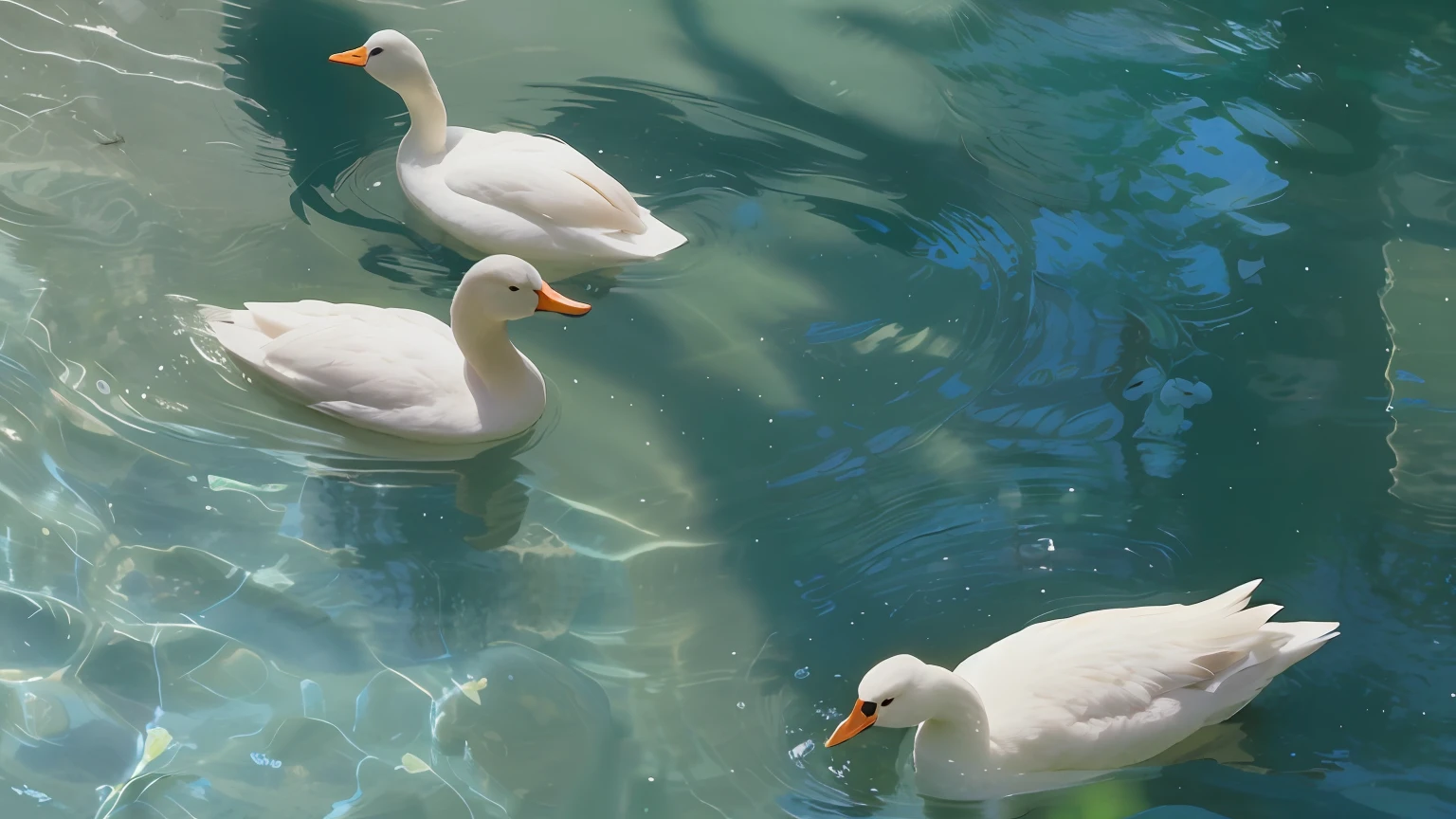 three ducks swimming in a pool of clear water with orange beaks, ducks, gooses, beautiful aesthetic, peaceful looking animals, by Anna Haifisch, donald duck in real life, on a sunny day, by Jacob Duck, 🦩🪐🐞👩🏻🦳, peaceful and graceful, !!natural beauty!!, swans, proud looking --auto