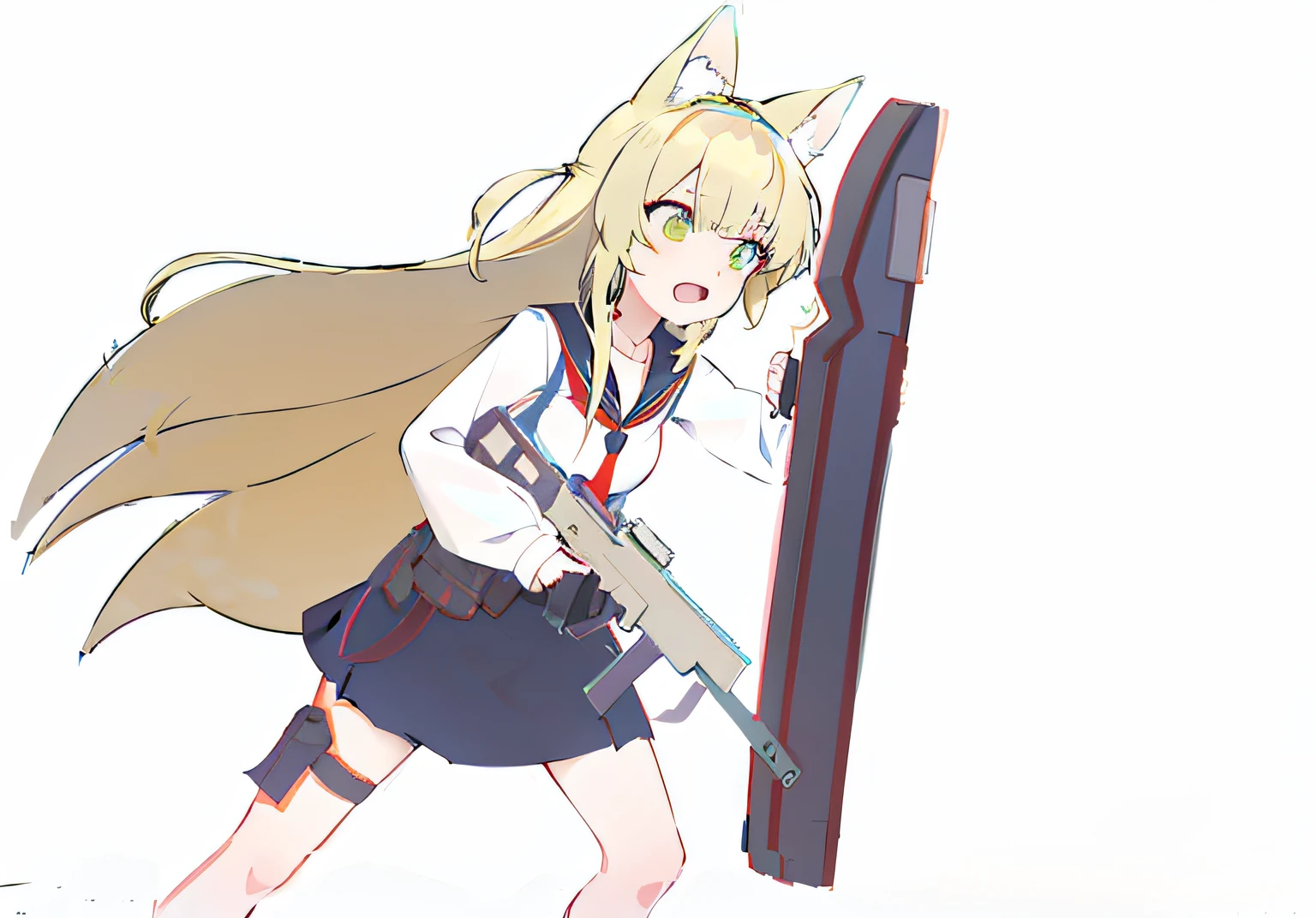 "Anime girl holding submachine gun and shield, sharp attack posture, mechanized machine gun shooting scene, Catwoman character, moe anime art style, evoking a unique anime art atmosphere, cel shadow art style with light and dark shadows, Japanese ship girl collection style, Holo character art style, wolf girl baby cosplay, gapmoe yandere character, showing unknown art style, action-packed female anime character action screen, plump character modeling, small breasts, submachine gun, shield."