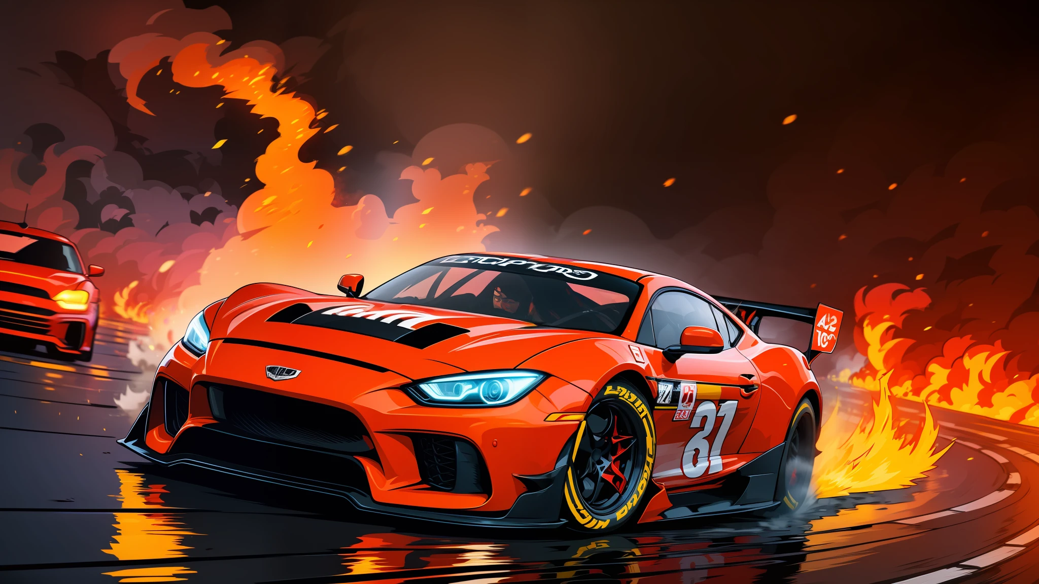 "(A high-speed racing car speeding through the fiery lava-filled streets, capturing the exhilarating motion blur and the presence of ghost rider racing cars)"
