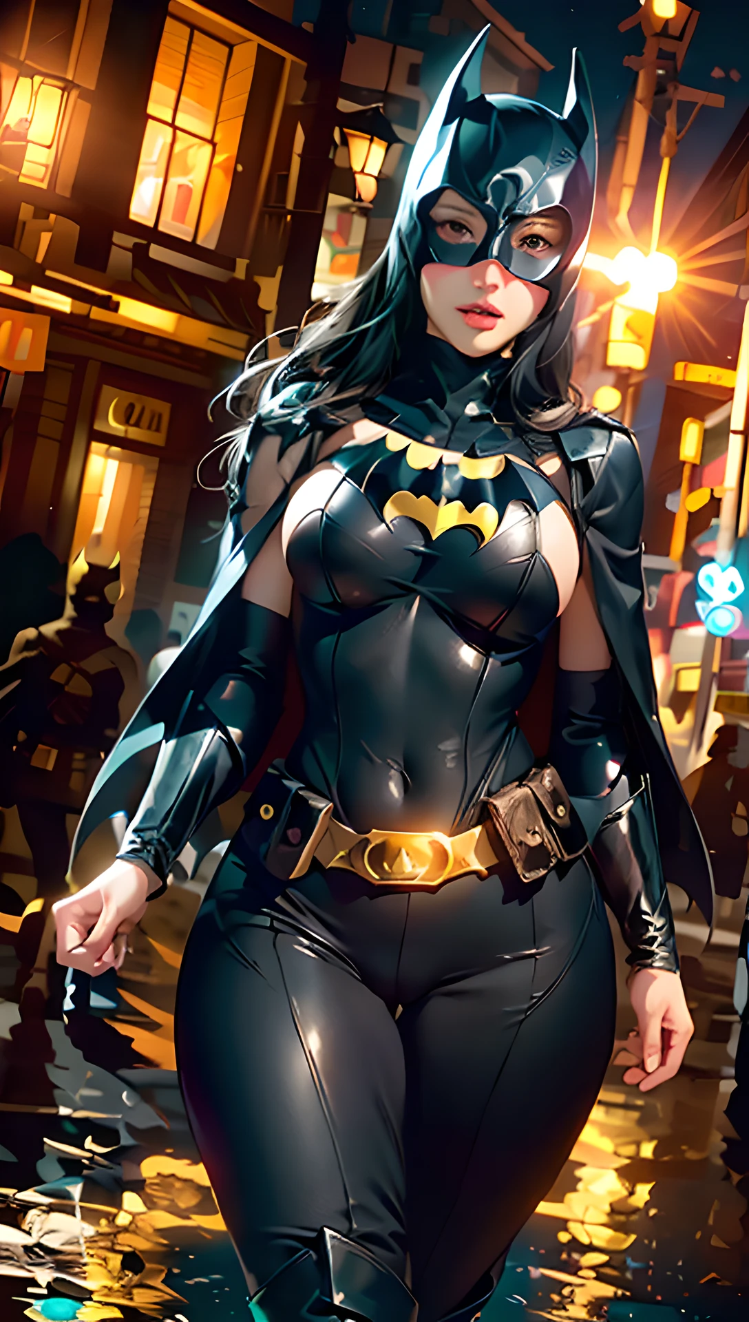 ultra realistic 8k cg, picture-perfect face, flawless, clean, masterpiece, professional artwork, famous artwork, cinematic lighting, cinematic bloom, perfect face, beautiful face, beautiful eyes, ((perfect female body, narrow waist, huge breasts)),absurdly long hair, very long hair, pattern, sexy, charming, alluring, jim lee,1girl, (batman uniform: bat signal, batman utility belt, cape, city, cloud, cloudy sky, gloves, lens flare), ((batgirl mask)), night, outdoors, rain , serious, sky, solo, spotlight, (superhero) , thick thighs, thighs, batgirl black boots, black leggings batgirl, seductive, erotic, enchanting, areola_slip, ( background with depth, blurred background), (masterpiece: 1.2) looking at viewer, blush, very detailed, (PureErosFace_V1:0.7), (cameltoe:1.2), (hourglass figure) , (ulzzang-6500- v1. 1:0.6), starry,starlight,night,