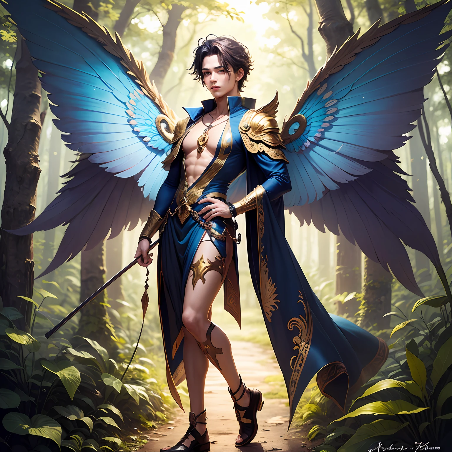 Cute male fairy with blue and gold details, large wings, full body, forest in the background, soft, delicate, symmetrical colors, male face, masterpiece, full body --auto