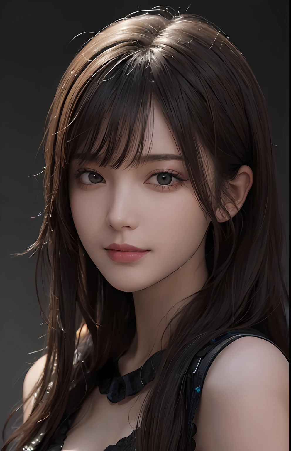 (Ultra Realistic), (Illustration), (Increased Resolution), (8K), (Extremely Detailed), (Best Illustration), (Beautiful and Detailed Eyes), (Best Quality), (Ultra Detailed), (Masterpiece ), ( wallpaper), (detailed face), solo, 1 girl, looking at viewer, fine details, detailed face, in the dark, deep shadows, low key, pureerosfaceace_v1, smiling, long hair, black shawl straight hair , 46 points oblique bangs