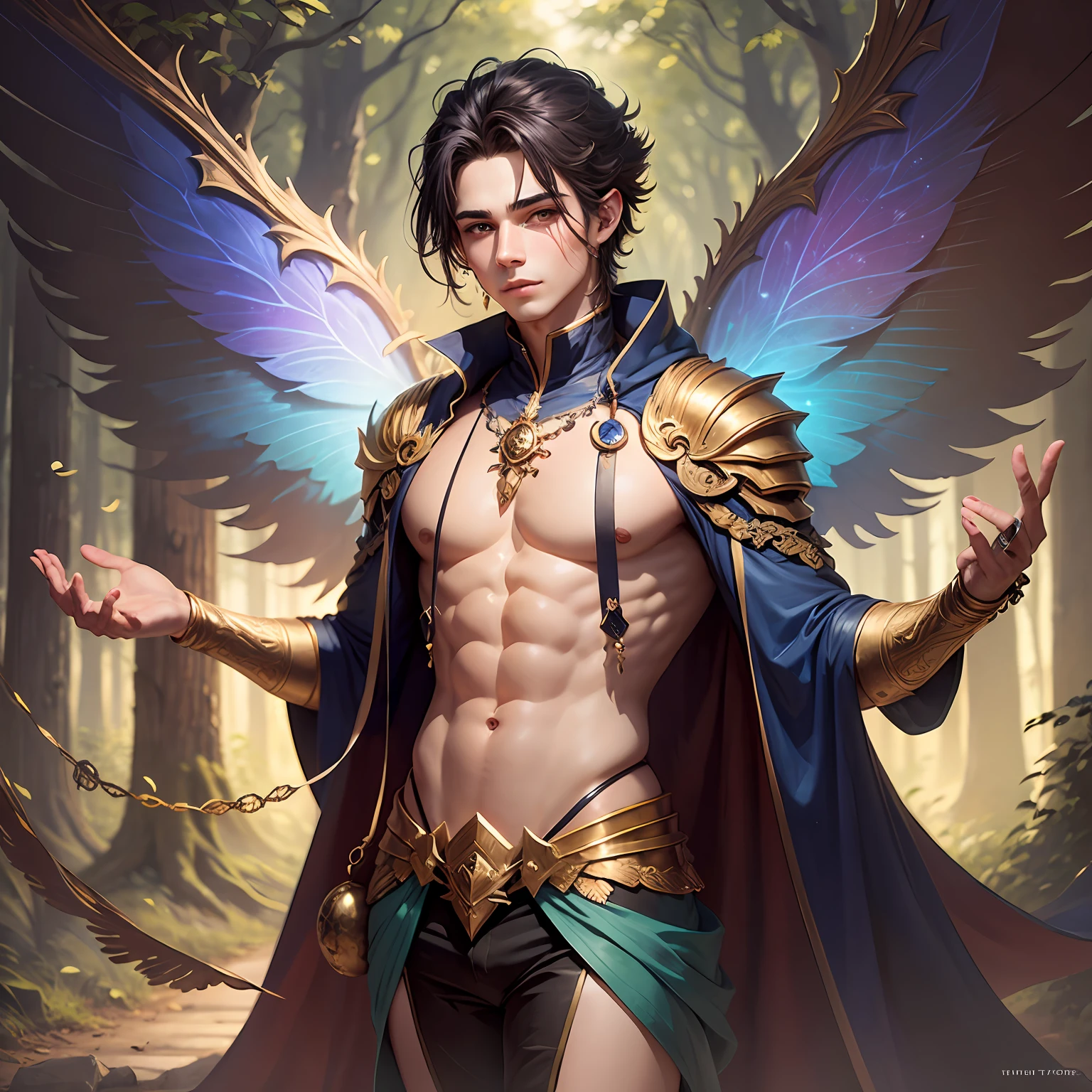 Cute male fairy with blue and gold details, large wings, full body, forest in the background, soft, delicate, symmetrical colors, male face, masterpiece, full body --auto