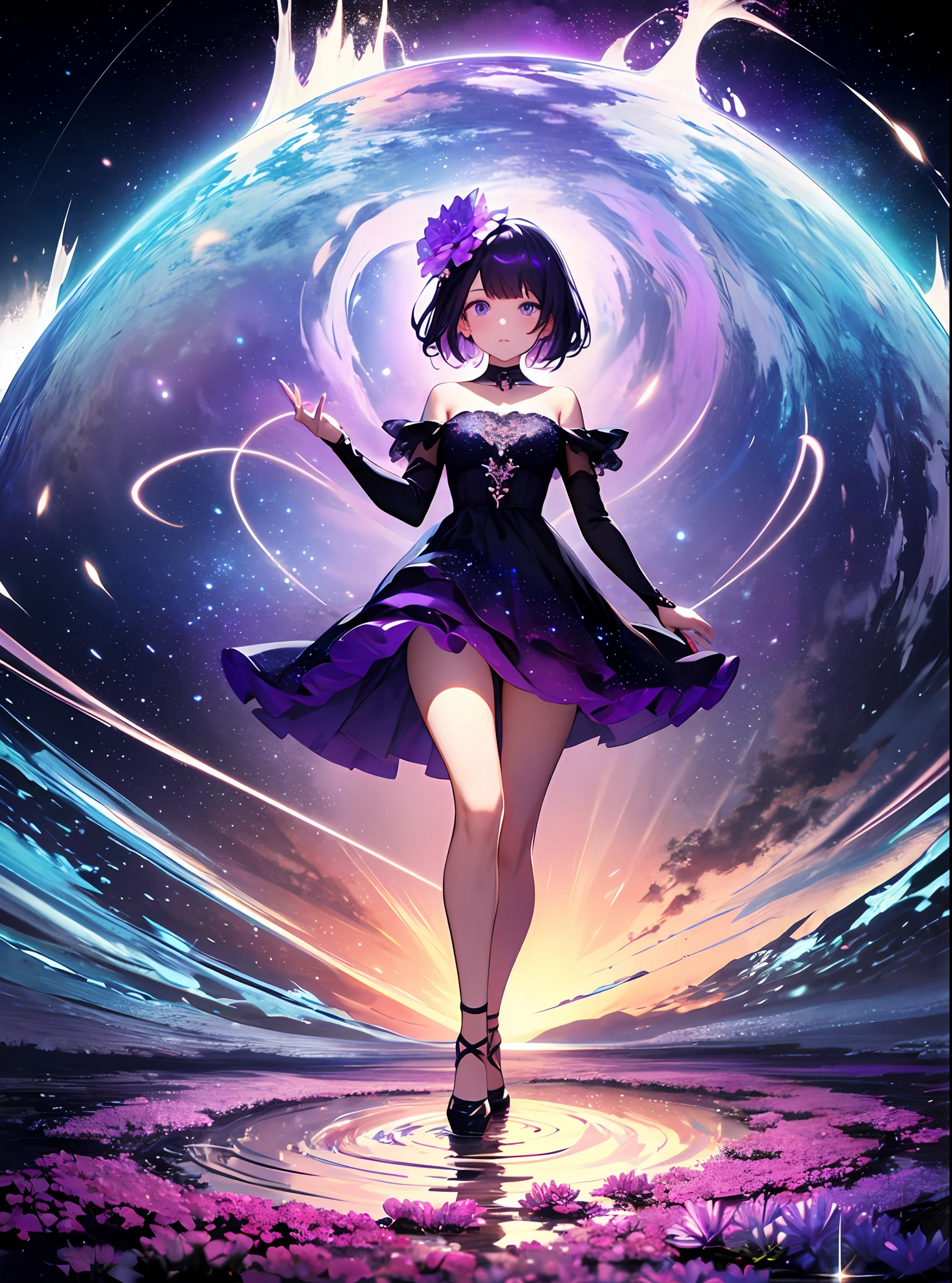 absurdity, high definition, (official art, beauty and aesthetics: 1.2),
1 girl, purple hair, middle hair, purple crystal eyes, shiny eyes,
purple sky, glittering galaxies, (Uyuni salt marsh: 1.2),
(Surrealism: 1.15), (fractal art: 0.3),
Water effect, ripple effect, (flower effect: 0.65), light effect, 8K wallpaper,