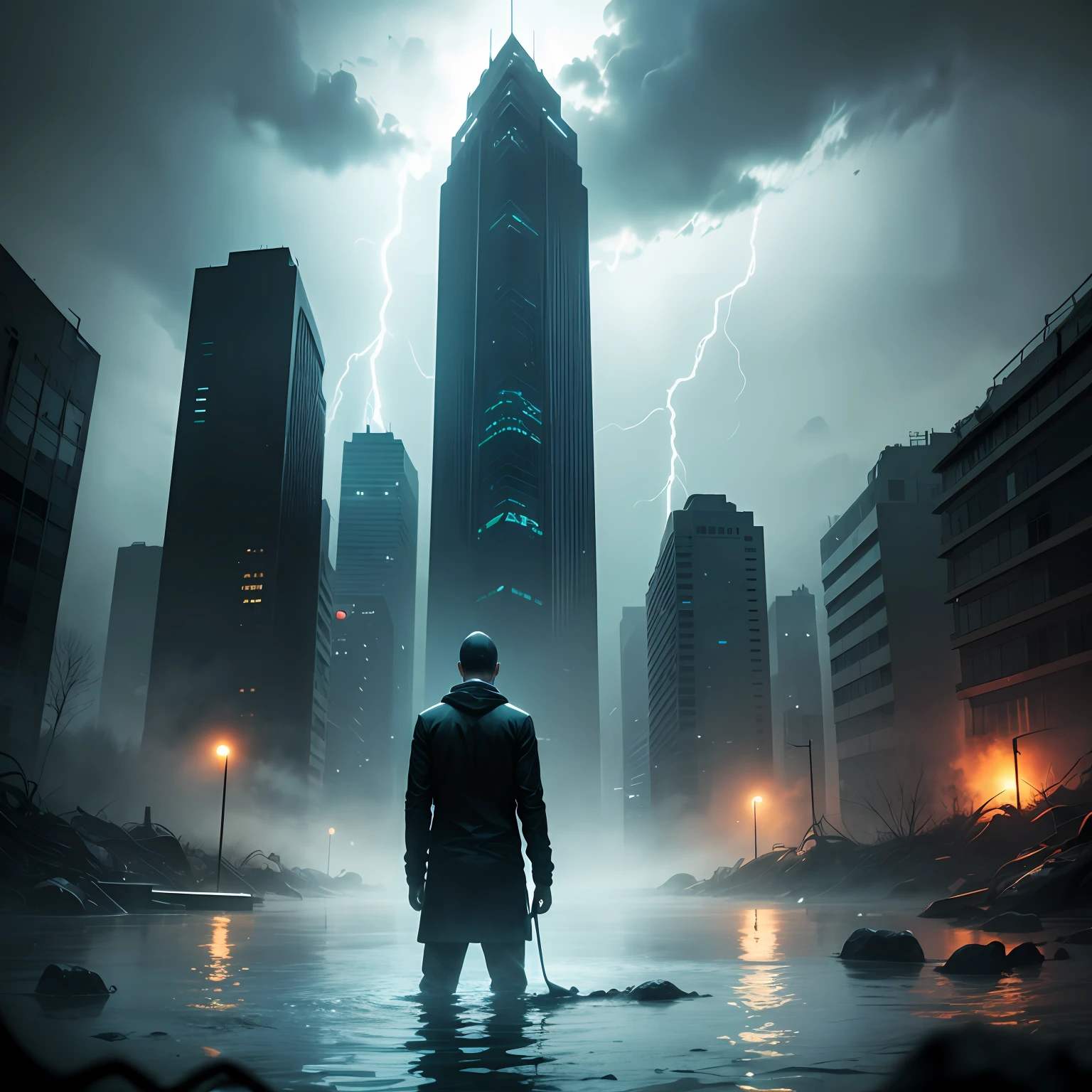 City horror movie under the water - dark style, scary atmosphere, abandoned buildings, dark water, heavy rain, lightning, dense fog, sinister noises, mysterious character emerging from the depths, tense suspense, rising tension --auto