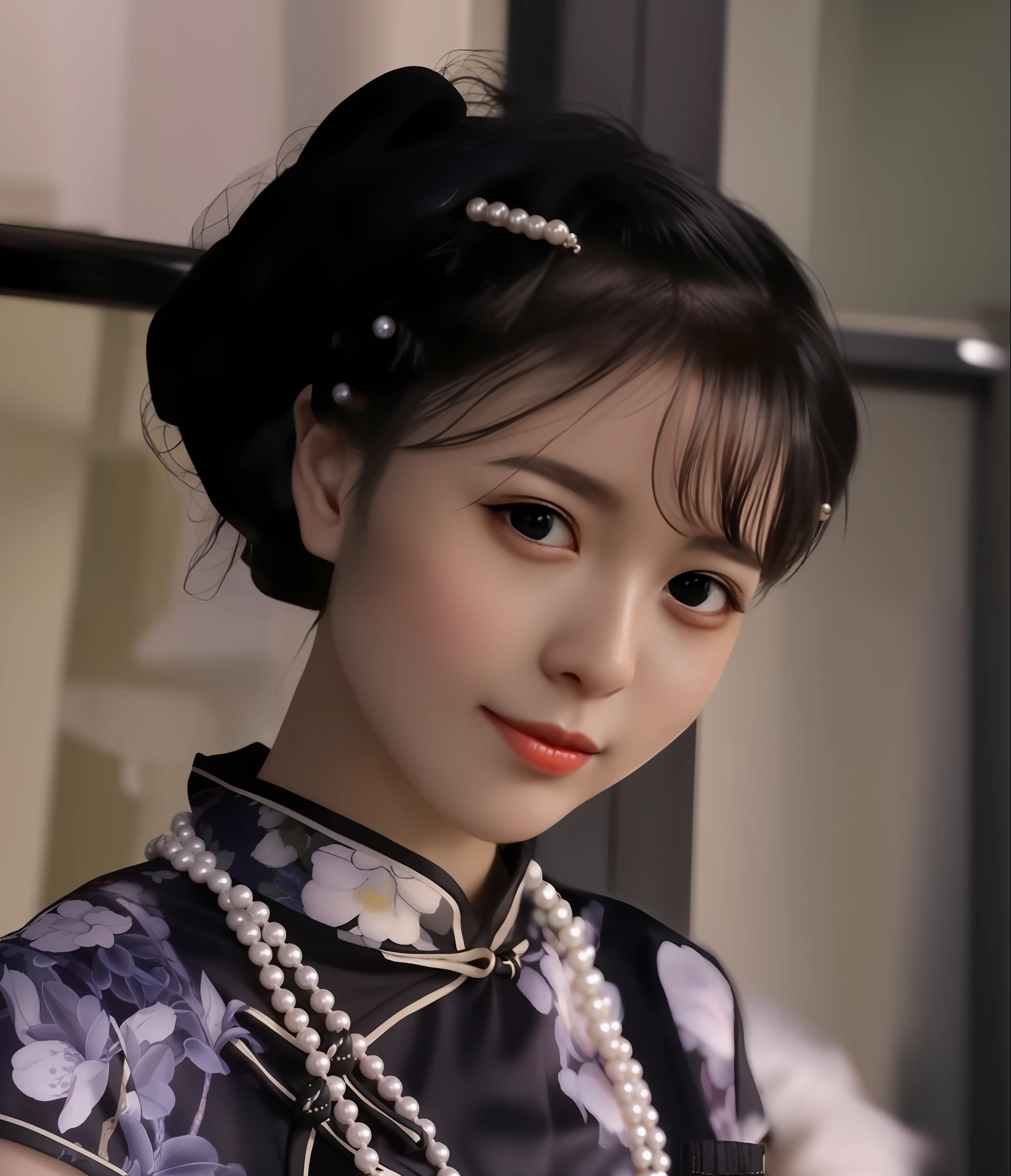 a close up of a woman wearing a black dress and pearls, palace , a girl in hanfu, traditional beauty, traditional chinese, chinese girl, inspired by Ma Yuanyu, inspired by Huang Ji, chinese style, inspired by Gu An, hanfu, cheongsam, chinese woman, inspired by Qian Gu, inspired by Li Mei-shu