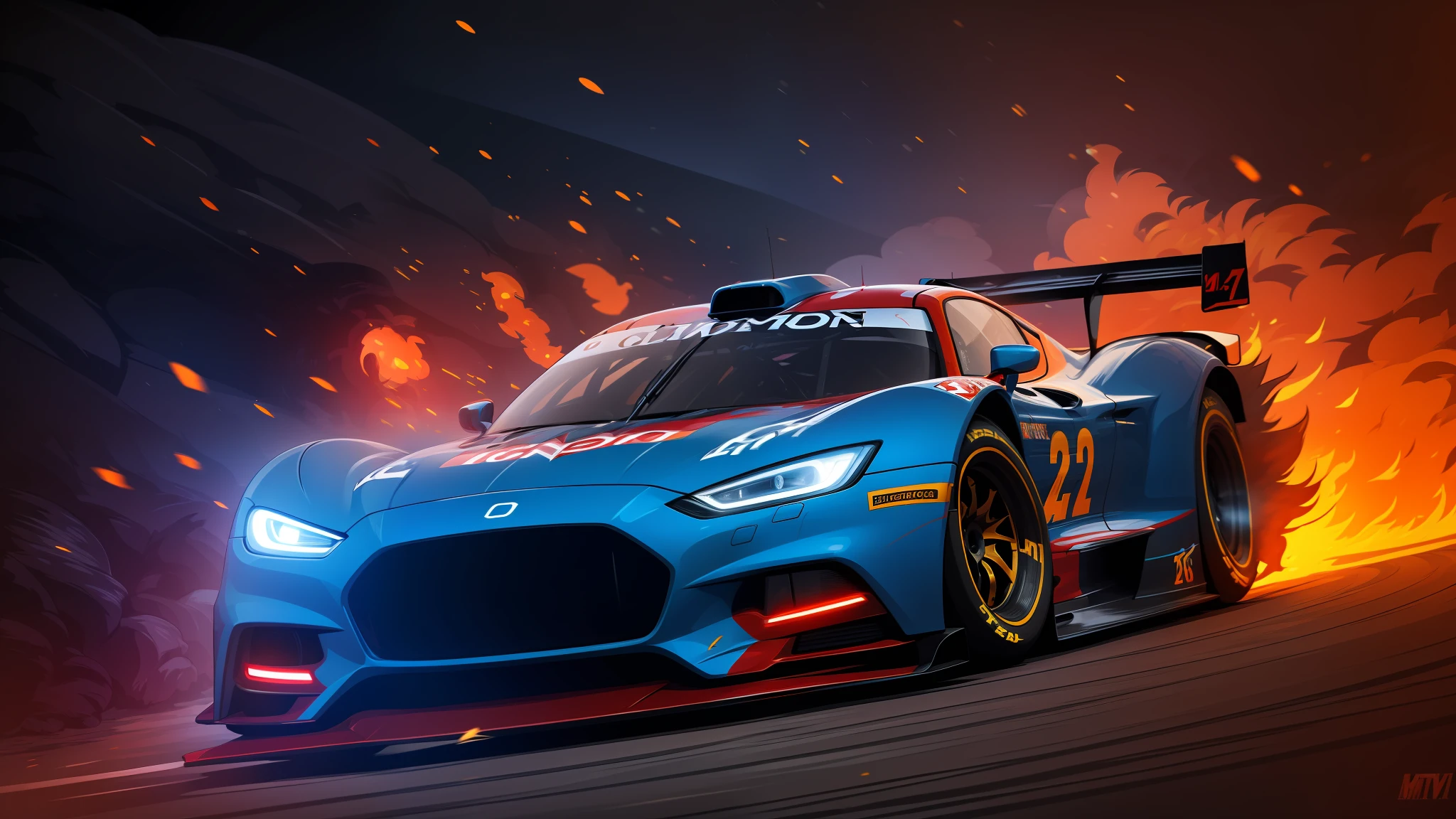 (a high-speed racing car:1.2) racing through the (fiery lava-filled streets:1.1), capturing the exhilarating motion blur, blue cars