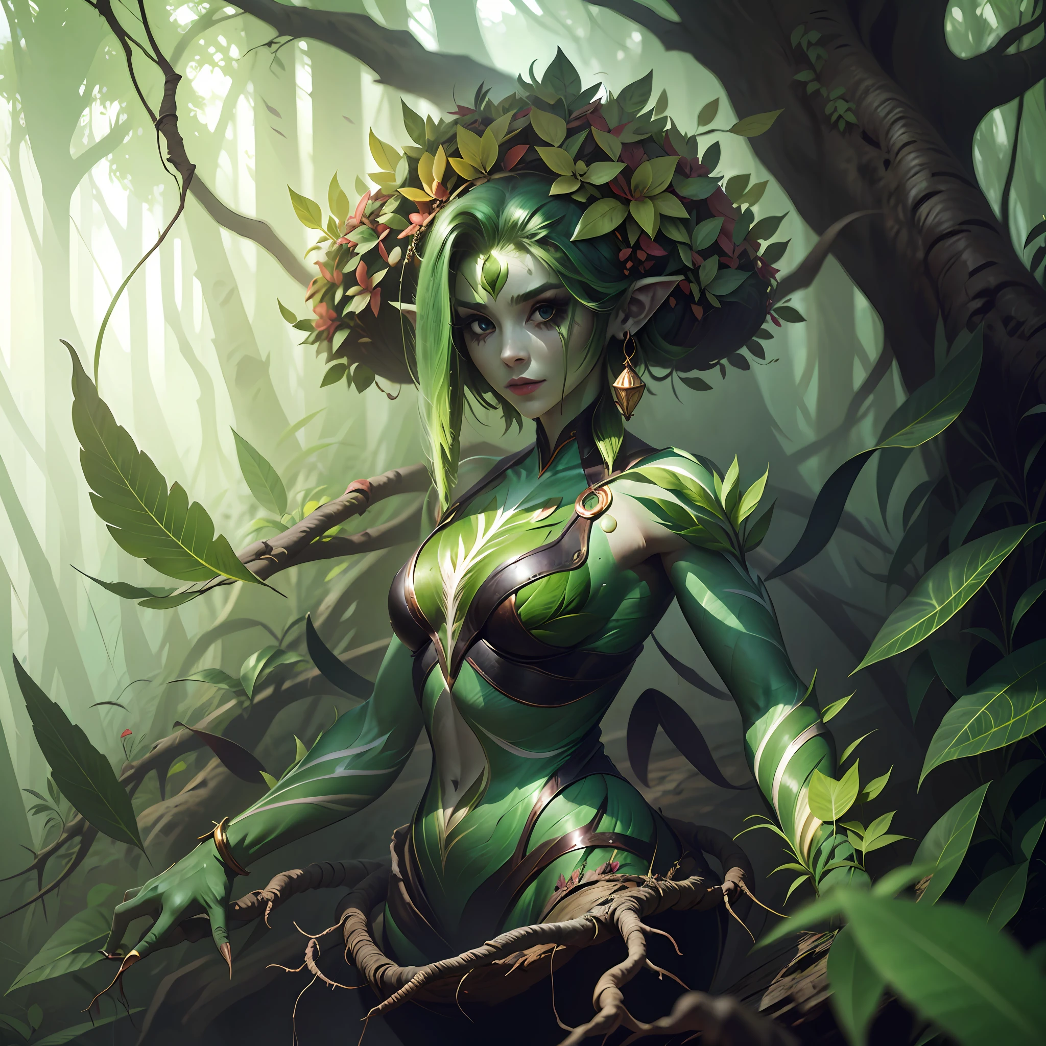 Plant woman, with hair from plant roots, and her body formed by tree roots, whole body image, plant woman, woman with plant body